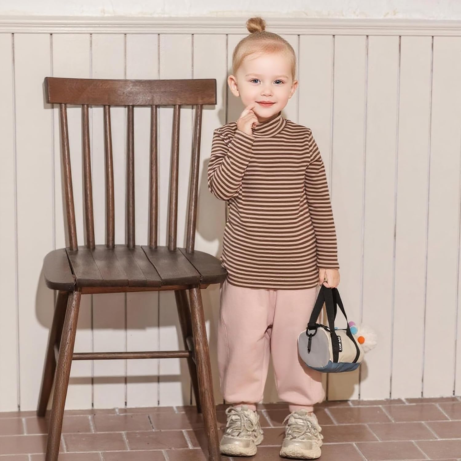 MINI PANDA Little Girl's High-Neck Striped Long-Sleeved T-Shirt, Toddler's High-Neck Stretch Top - Image 5