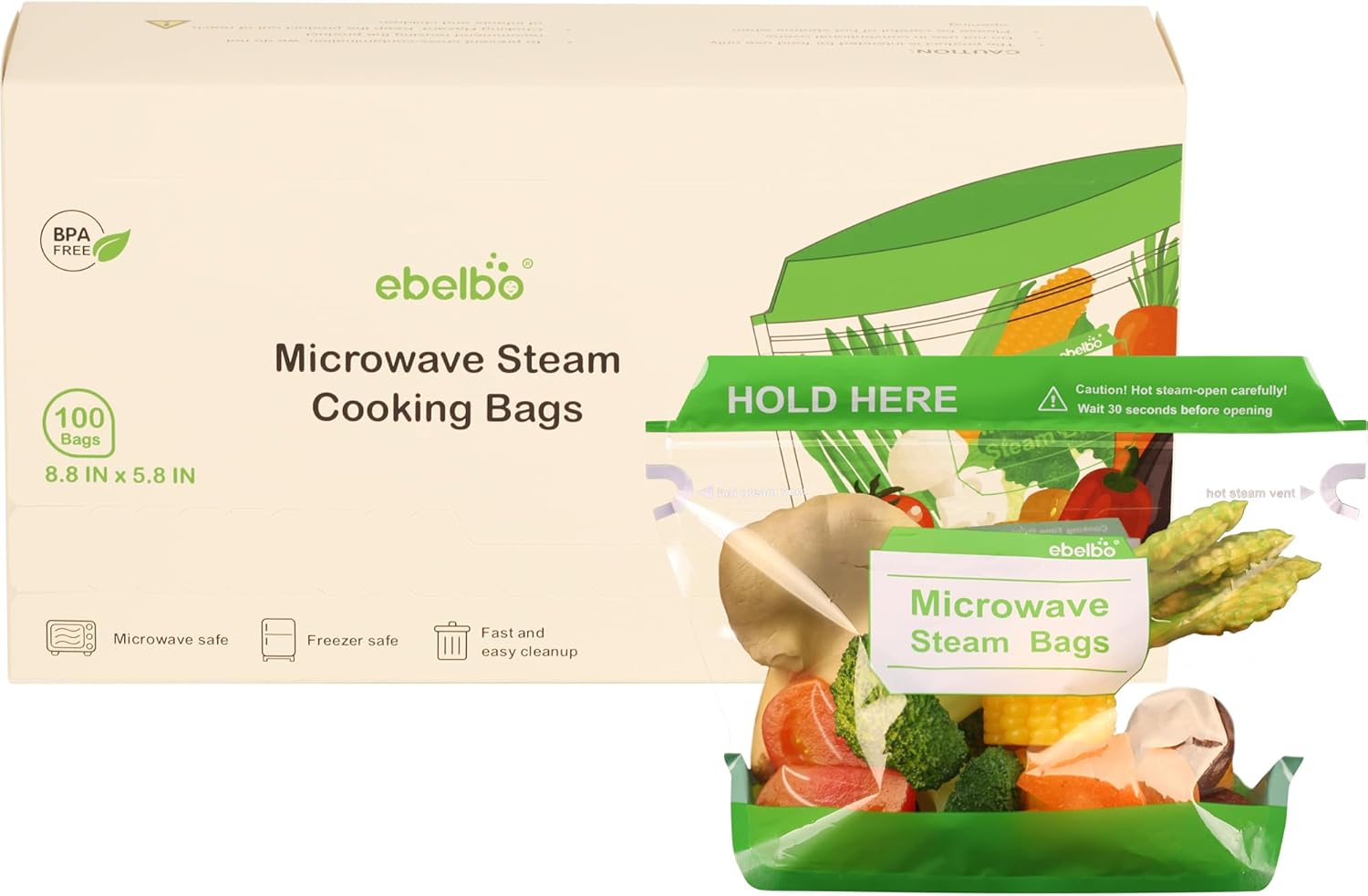 100 Count Microwave Steam Bags 8.8"x5.8" for Cooking and Steaming Standing Type Disposable Food Steamer Bags for Vegetables Potatoes Fish and Poultry