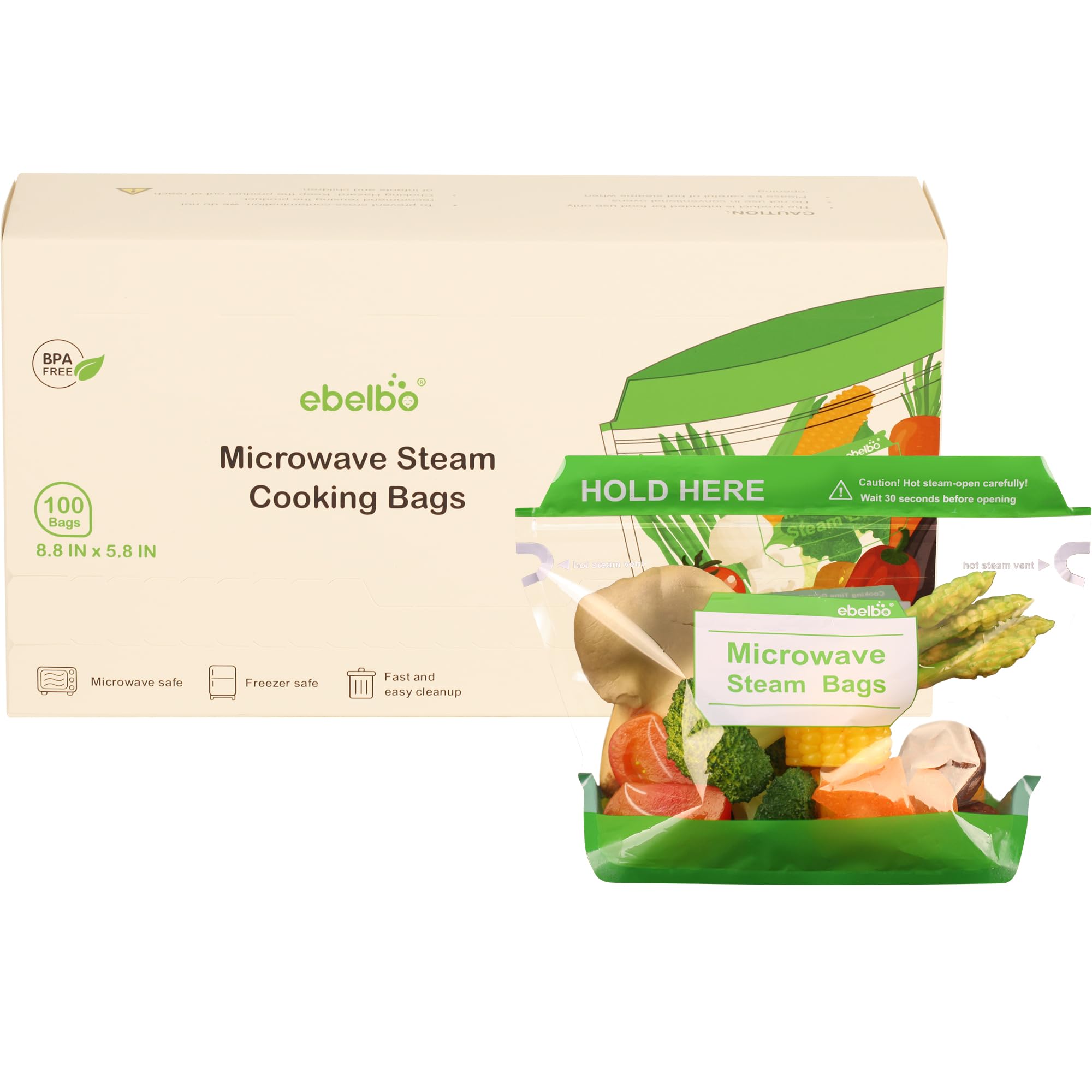 ebelbo 100 Count Microwave Steam Bags 8.8"x5.8" for Cooking and Steaming Standing Type Disposable Food Steamer Bags for Vegetables Potatoes Fish and