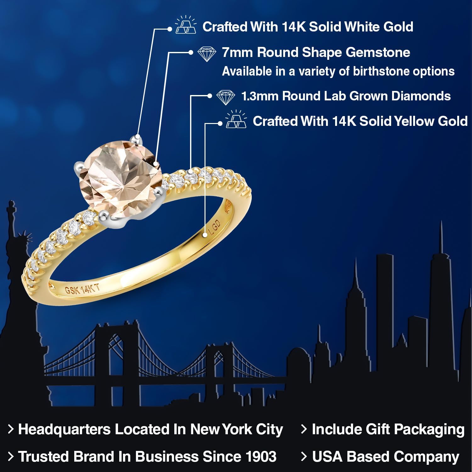 Gem Stone King 14K 2 Tone Gold Peach Morganite and Lab Grown Diamond Engagement Ring For Women | 1.31 Cttw | Round 7MM | Gemstone October Birthstone - Image 2