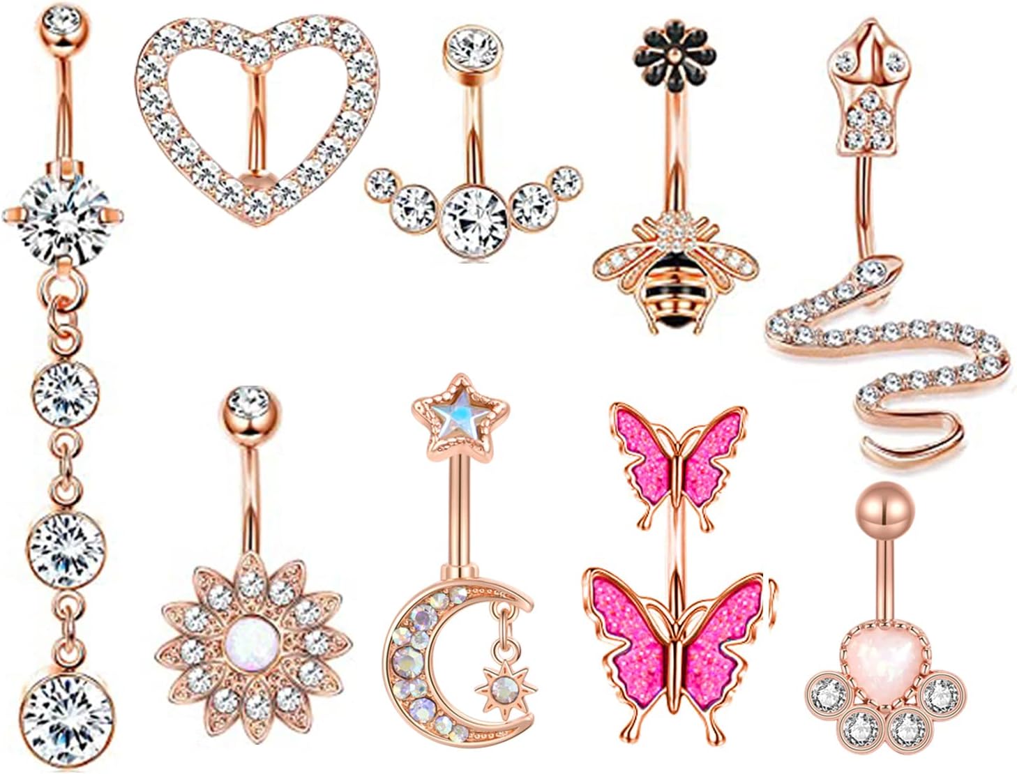 9PCS Stainless Steel Belly Button Rings Dangle Belly Rings for Women Heart Moon Snake Flower Navel Rings Body Jewelry Piercing