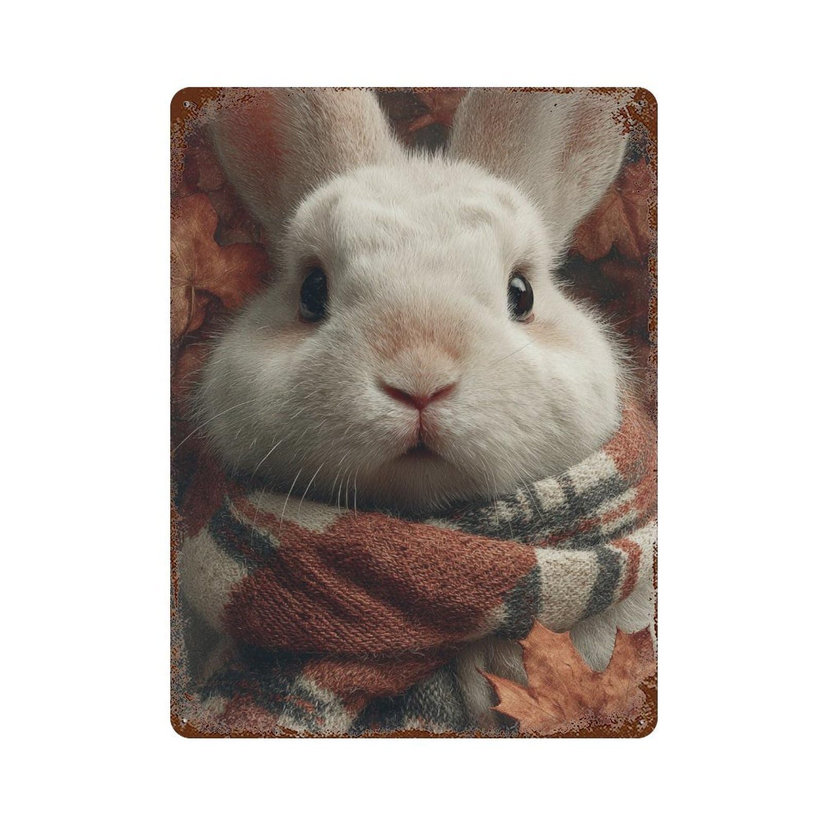 Autumnal Bunny with Plaid Scarf 15.7"x11.8" Weathered Tin Sign, Shabby Chic Decor for Farmhouse, Kitchen And Entryway Decor
