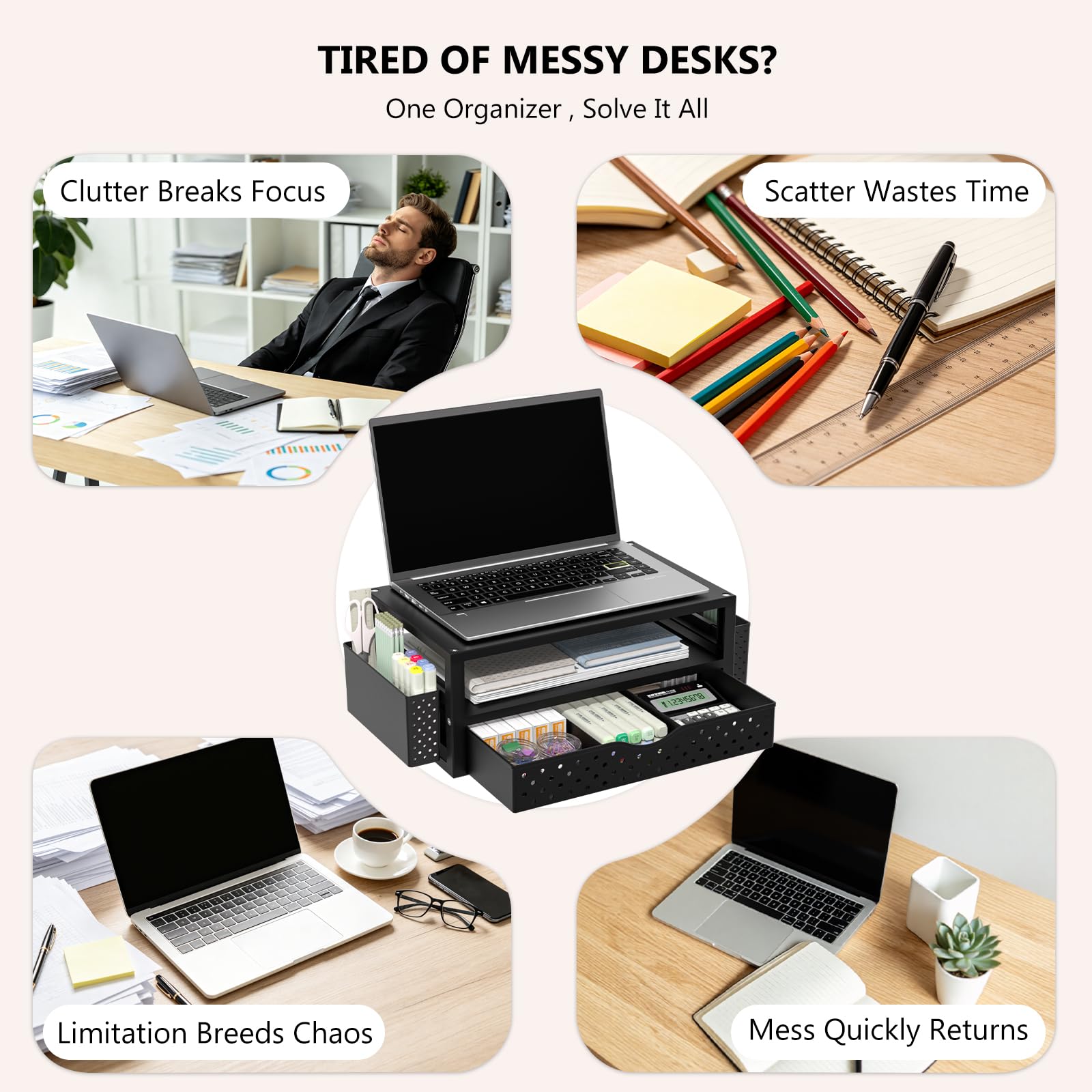 WALI Desk Organizer with Drawer and Pen Holder, 3 Tier Computer Monitor Stand for Home Office Supplies, Laptop Stand Riser for Computer, Laptop, Printer(PTT004-B), 1 Pack, Black view 6