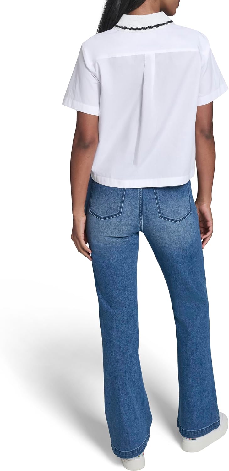 Karl Lagerfeld Women's Short Sleeve Collared Neck Emboriderd Collar Camp Shirt