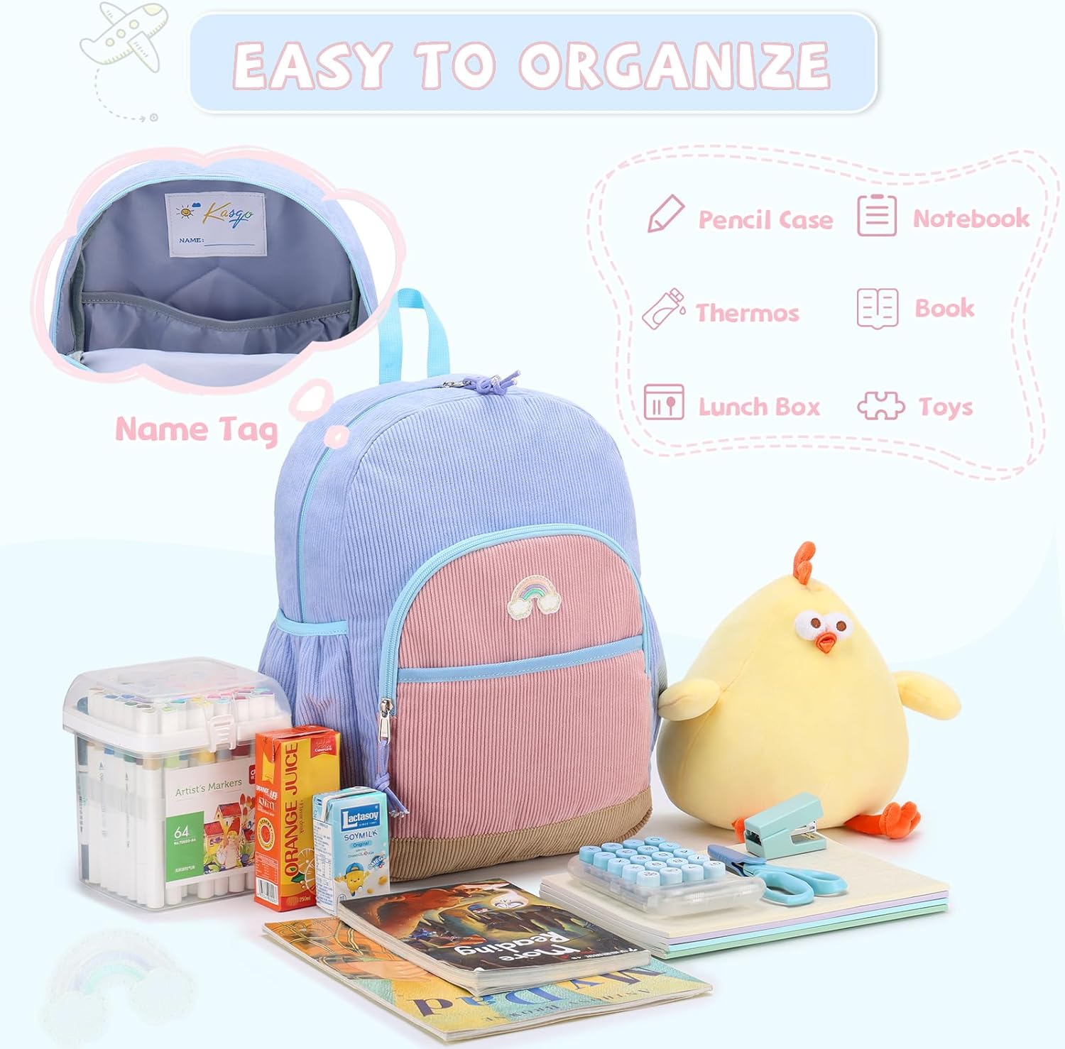 Kasqo Kids Corduroy Backpack, Lightweight Preschool & Primary School Bag for Boys & Girls 4-8 Years with Chest Buckle, 14.5" H, Fits A4 Folders Blue Pink - Image 3