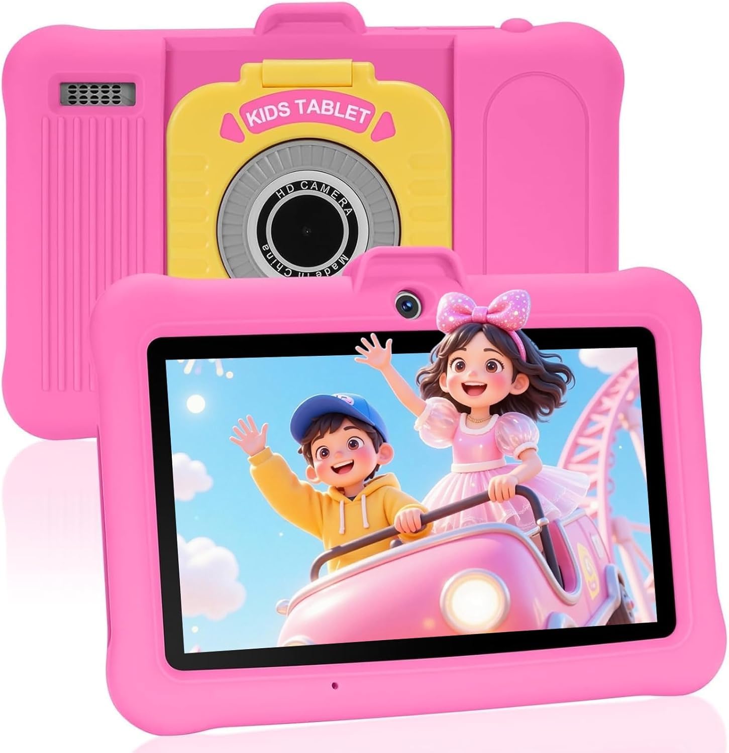 Tablette Enfants 7 Pouces Android, RAM 8 (3+5) Go, ROM 64 Go (TF 128 Go), GMS Certified, Apps Pré-Installé, Éducative, WiFi, Kid-Proof Étui avec Support réglable, Rose