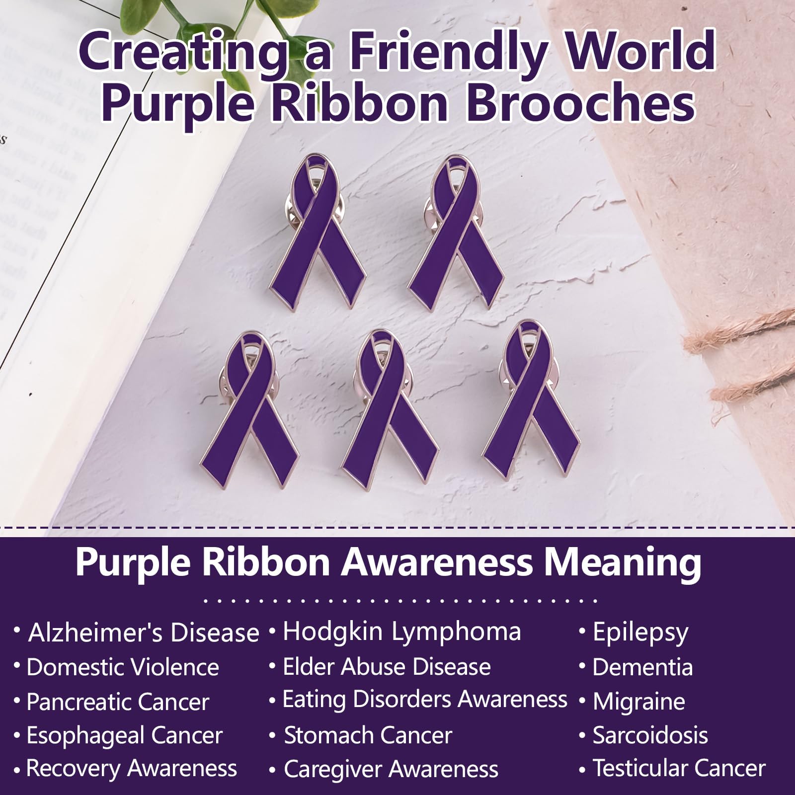 WANDIC 50pcs Purple Ribbon Pins Alzheimer's Disease Awareness Badges Domestic Violence Brooch Memorial Ribbon Pins Badges for Funeral Mourning Event Bereavement Remembrance(3 * 1.8cm) - Image 4