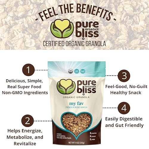 Miniatura 5 de Pure Bliss Granola orgánica (almendra de vainilla francesa) sin gluten, sin OMG, aperitivo natural saludable de mejor sabor, delicioso cereal de