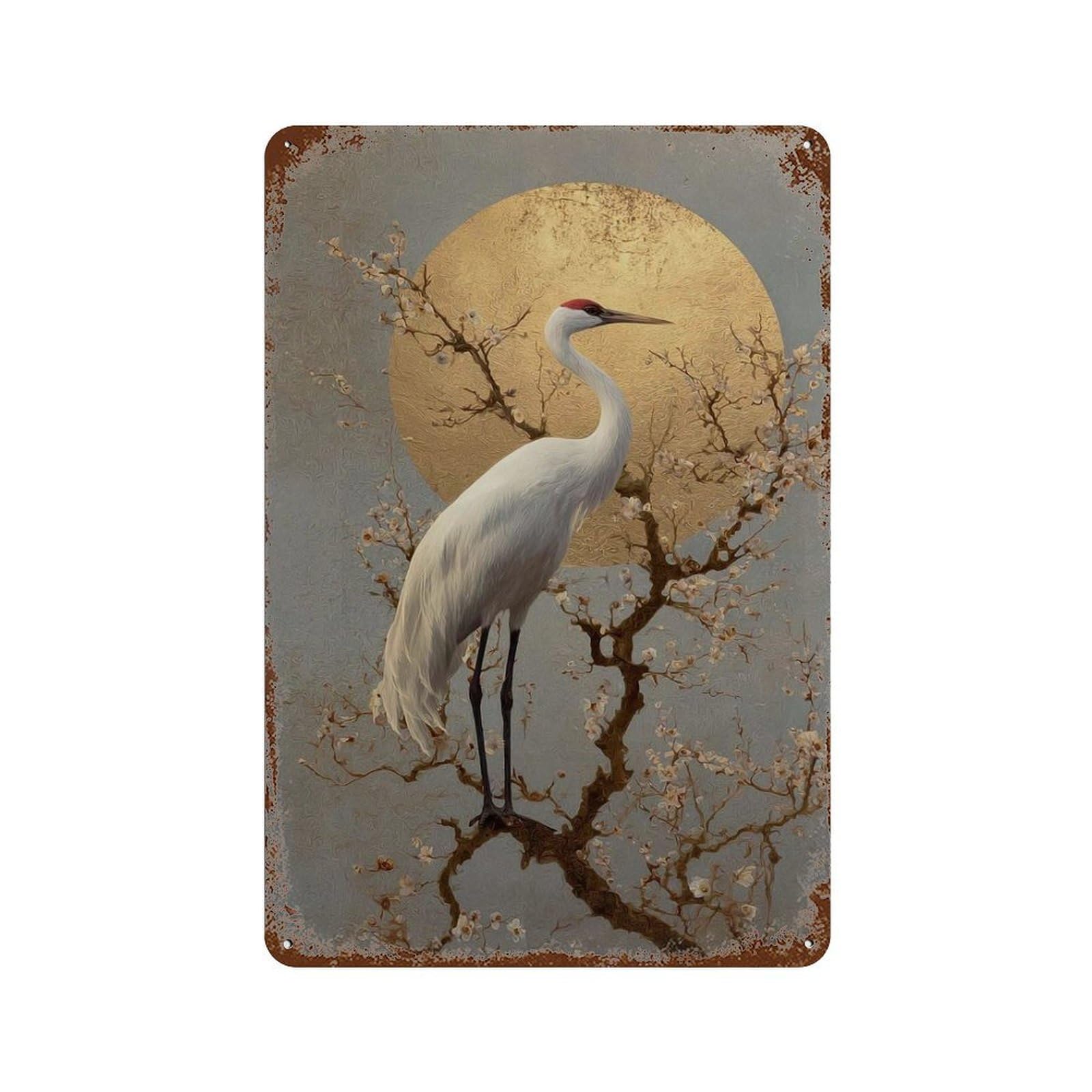 xiaoxiaoshen Golden Sun Crane – Japanese Heron with Plum Blossoms Oriental Style Nature Wall Decor Art Metal Tin Poster Modern Home Decor Art Home Bar Shop Decorations Vintage Sign 30x20cm
