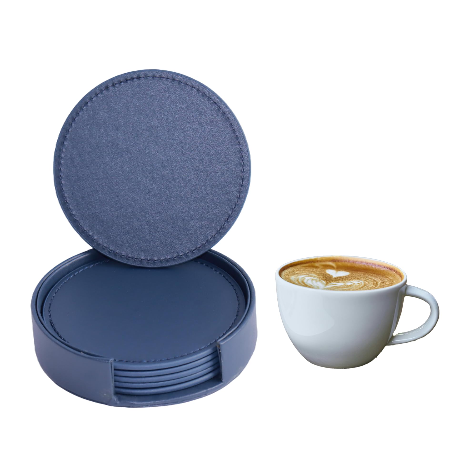 Vyqrx Leather Coasters Set of 6 - Round Heat-Resistant Anti-Slip Drink Coasters with Holder | Kitchen, Dining & Coffee Table Accessories (BLUE)
