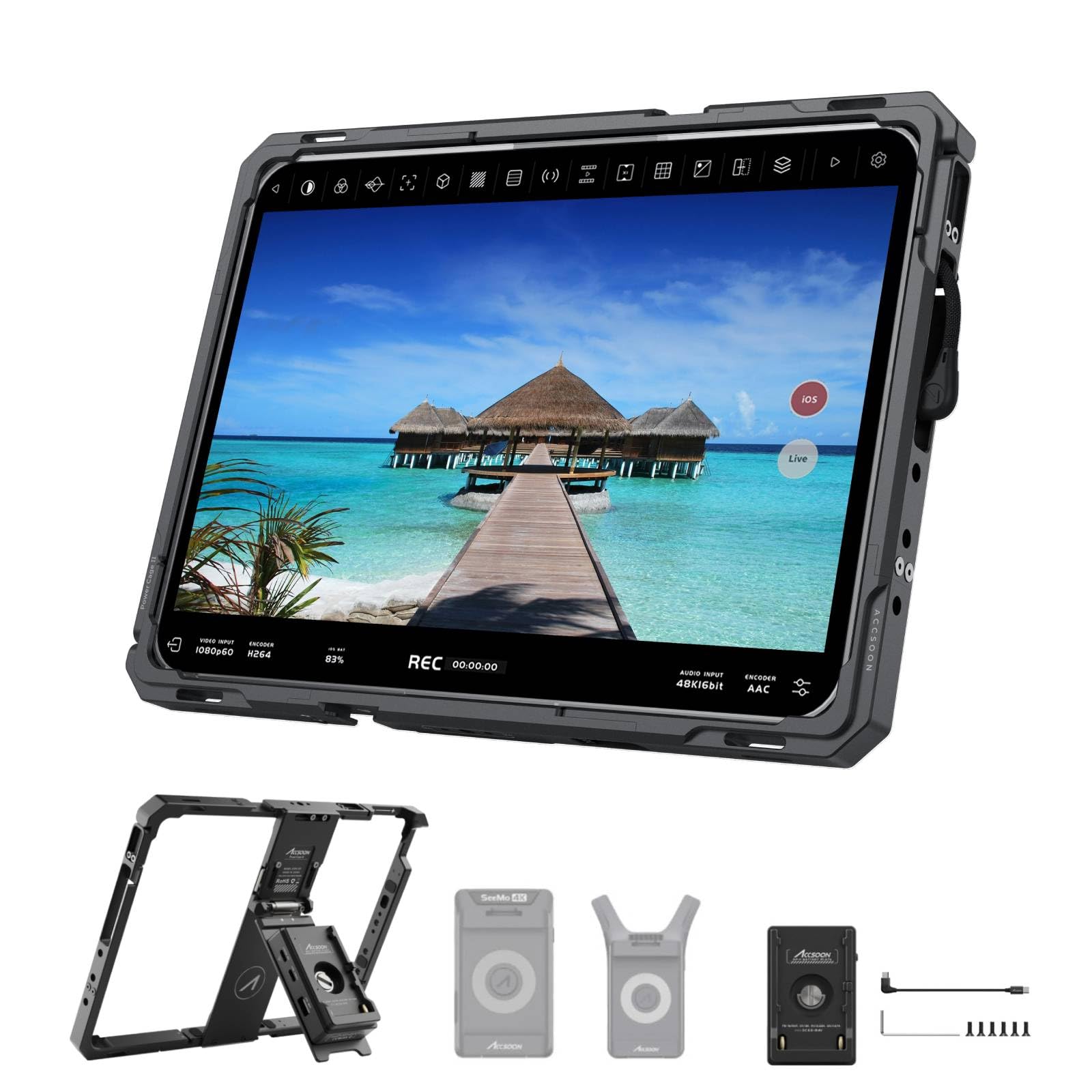 Accsoon PowerCage Pro II iPad Cage for iPad Pro 13-inch M4, M5 &amp; Air M2, M3 &amp; 12.9-inch Gen 3,4,5,6 Tablet Cage iPads Case with NP-F Battery Plate Adapter, Use with SeeMo 4K/CineView for Monitoring