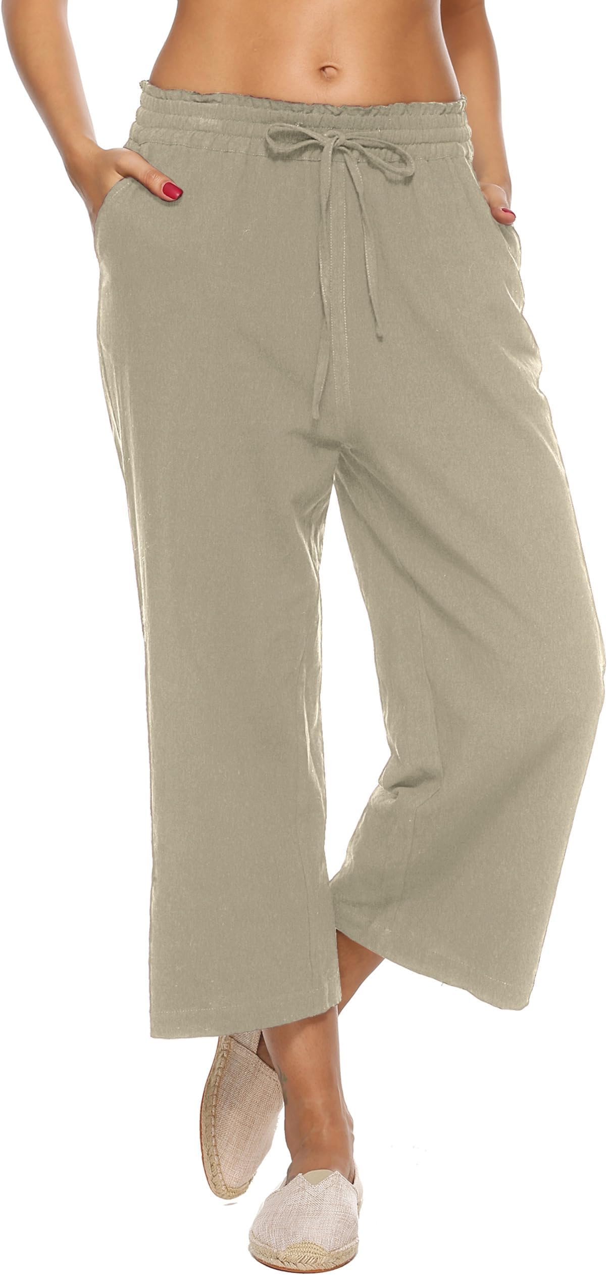 LNX Womens Linen Pants High Waisted Wide Leg Drawstring Casual Loose Trousers with Pockets