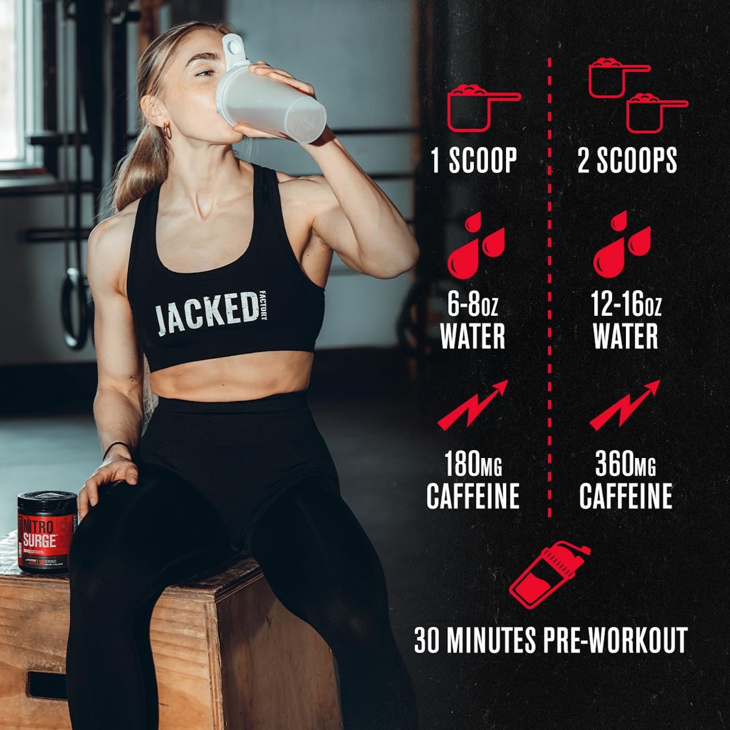 Jacked Factory NITROSURGE Shred Pre Workout Supplement - Energy Booster, Instant Strength Gains, Sharp Focus, Powerful Pumps - Nitric Oxide Booster & PreWorkout Powder - 30Sv, Fruit Punch — Amazon image 8