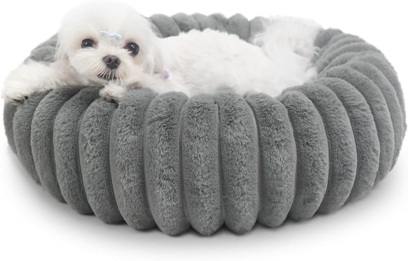 Cama Donut Redonda para Cães Pequenos e Gatos zihapgpzp, Pelúcia Macia, Lavável e Antiderrapante, Cinza-Quente, 48,26 x 48,26 x 12,7 cm