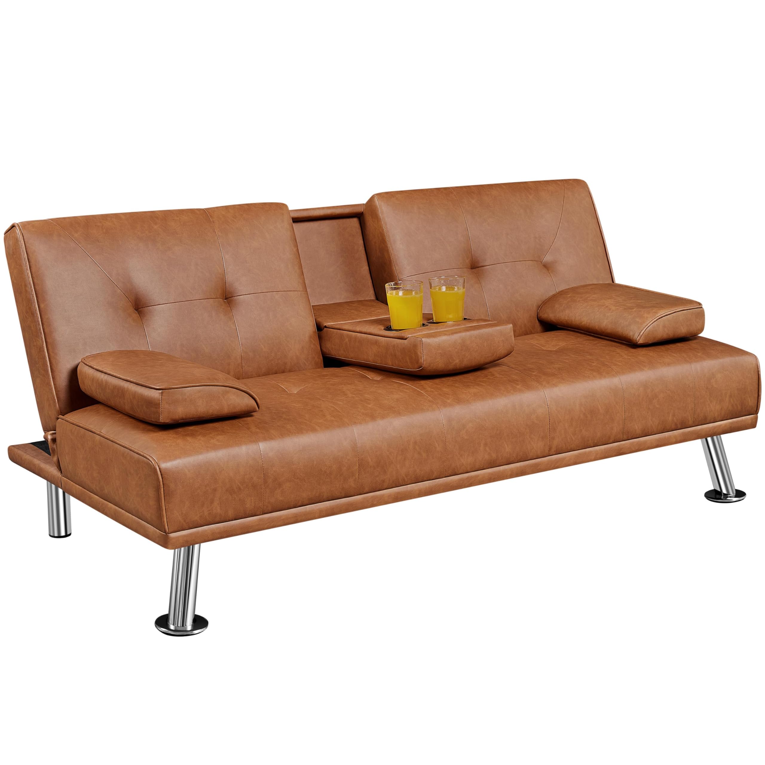 Yaheetech Sofá Cama de 2 Plazas Cama Plegable Tapizada de Piel sintética Sofá para Sala de Estar con Soporte de Botella Cama 167 X94 cm MAX Capacidad 350 KG Marrón Claro