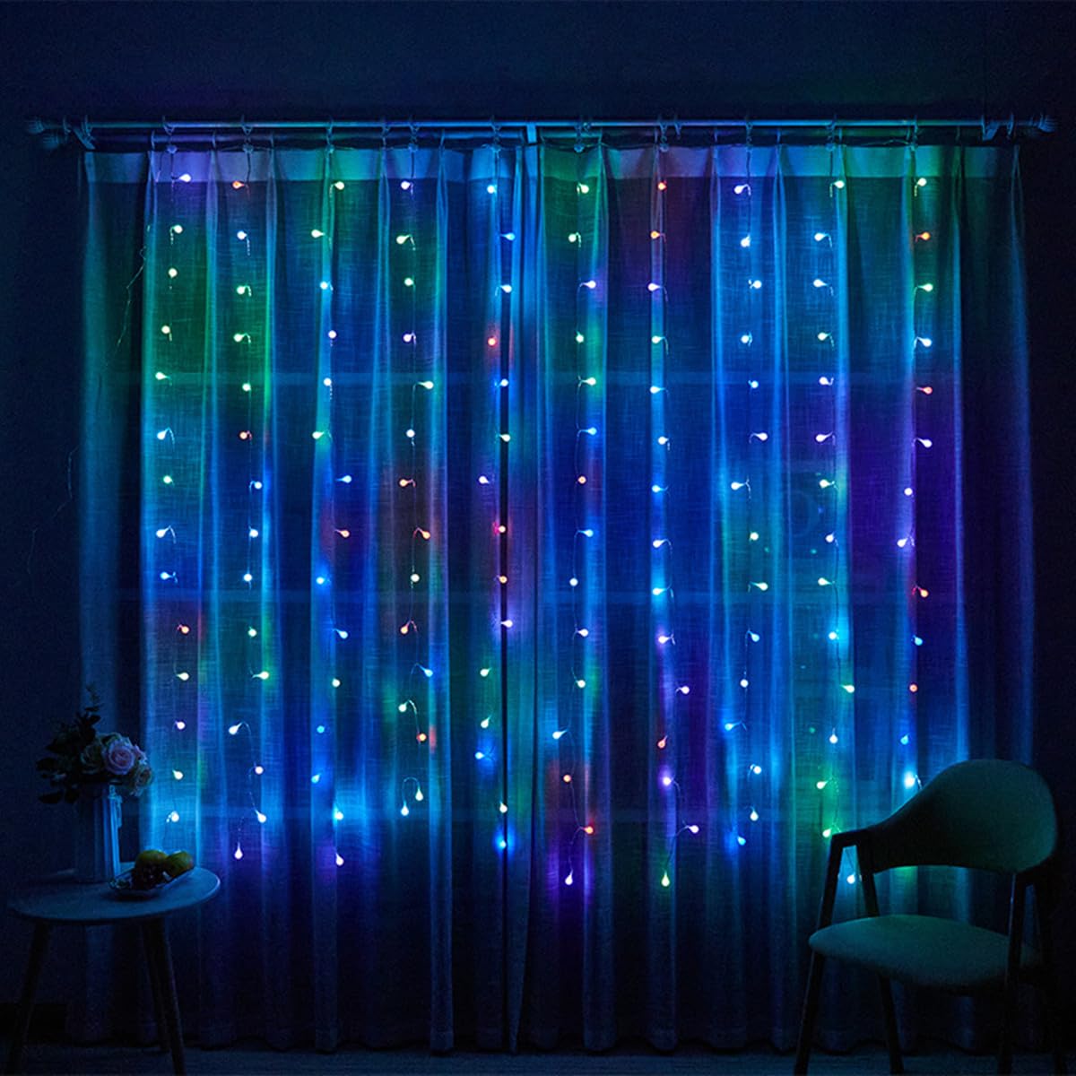 Rideau lumineux LED pour fenêtre - 2 m x 2 m - 180 LED - Fonctionne par USB - Changement de couleur RVB - Guirlande lumineuse pour mariage, décoration de fête