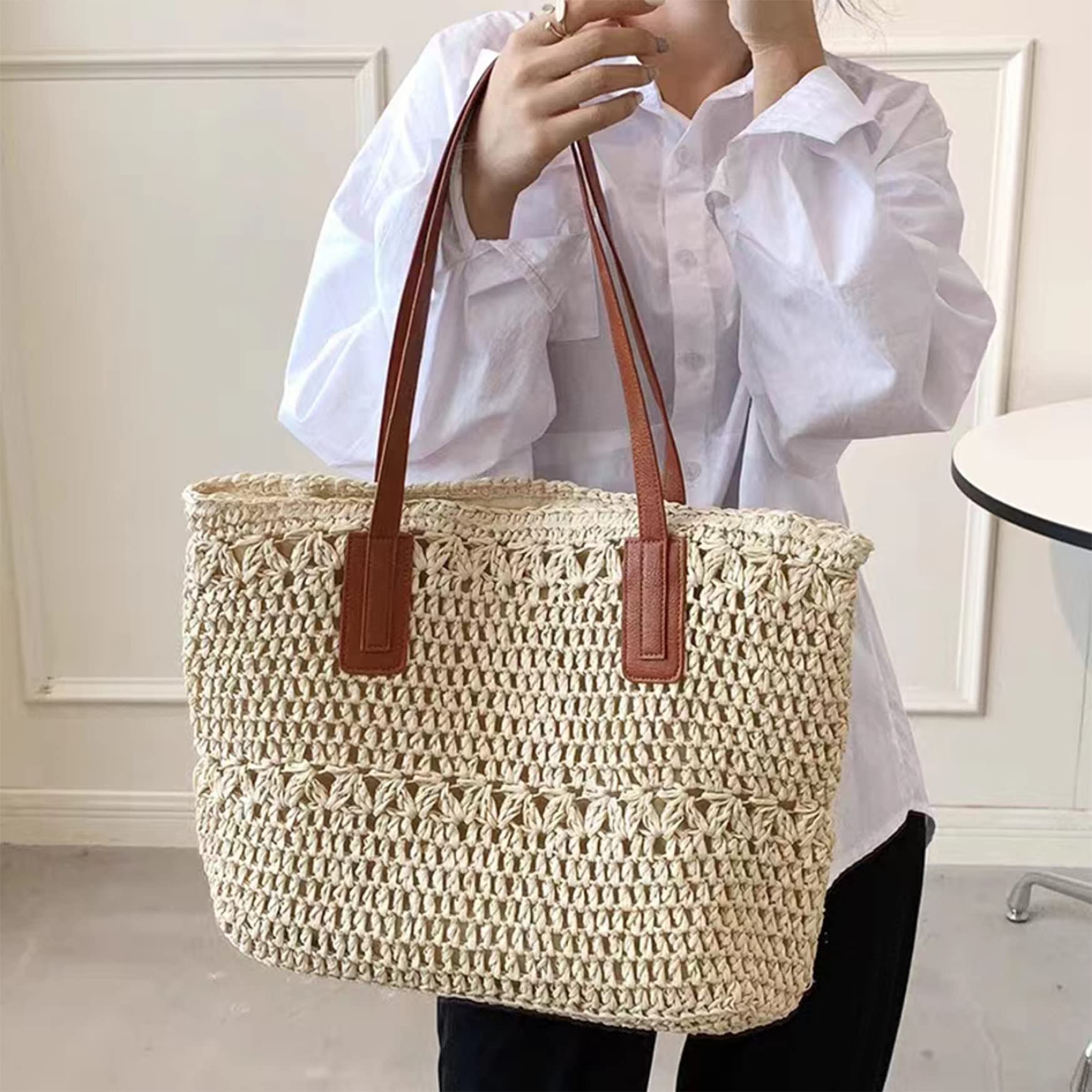Bolsa de playa de paja Mujeres Bolso de pecho bolso de verano Bolsa de playa Bolsa de bolsas de bolsas de playa Bolso de hombro tejido para elementos esenciales de vacaciones de verano Beige