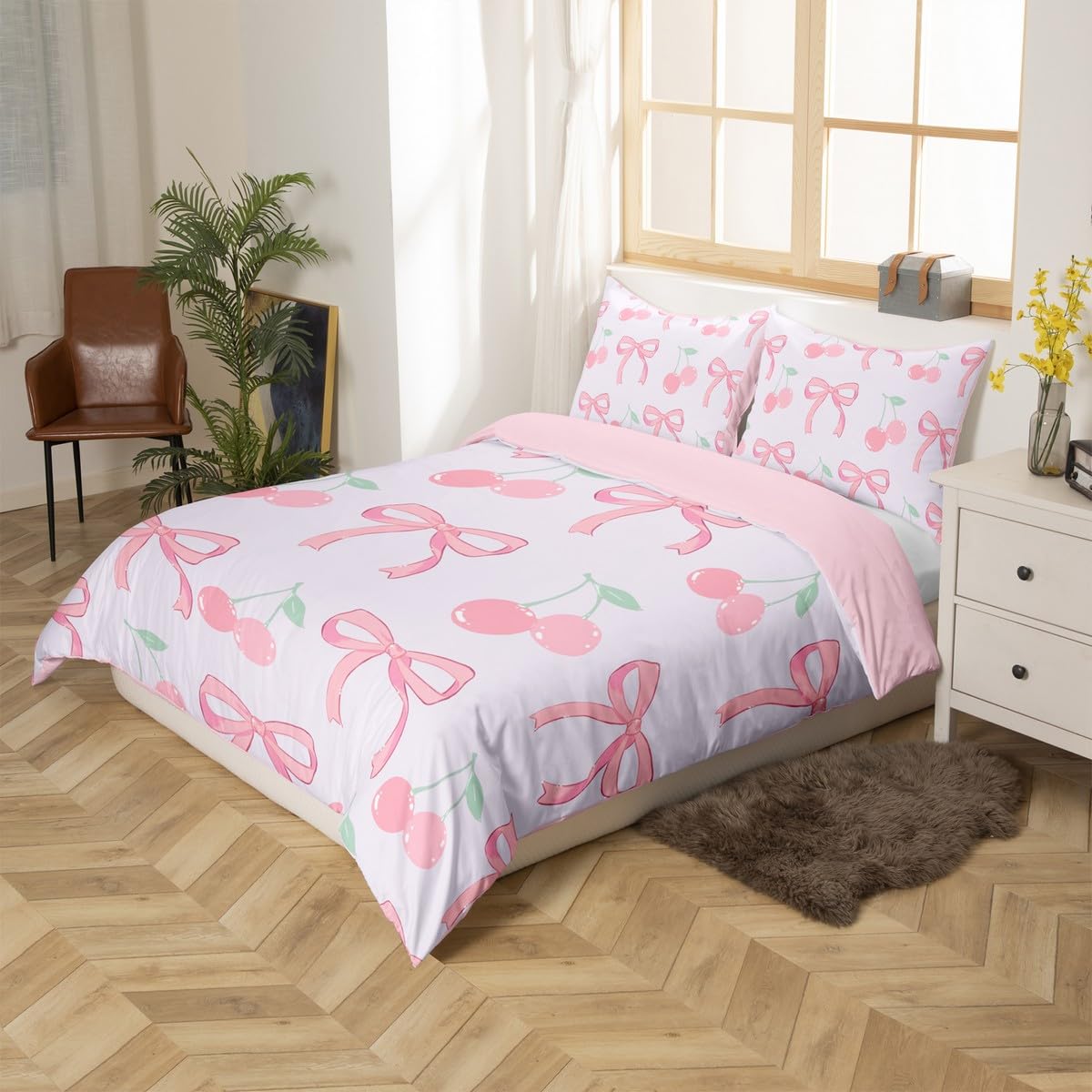 Manfei Cute Bows Duvet Cover Set Single Size, Pink Cherry Bedding Set 2pcs, Cartoon Bowknot Cherry Print Comforter Cover - Image 2