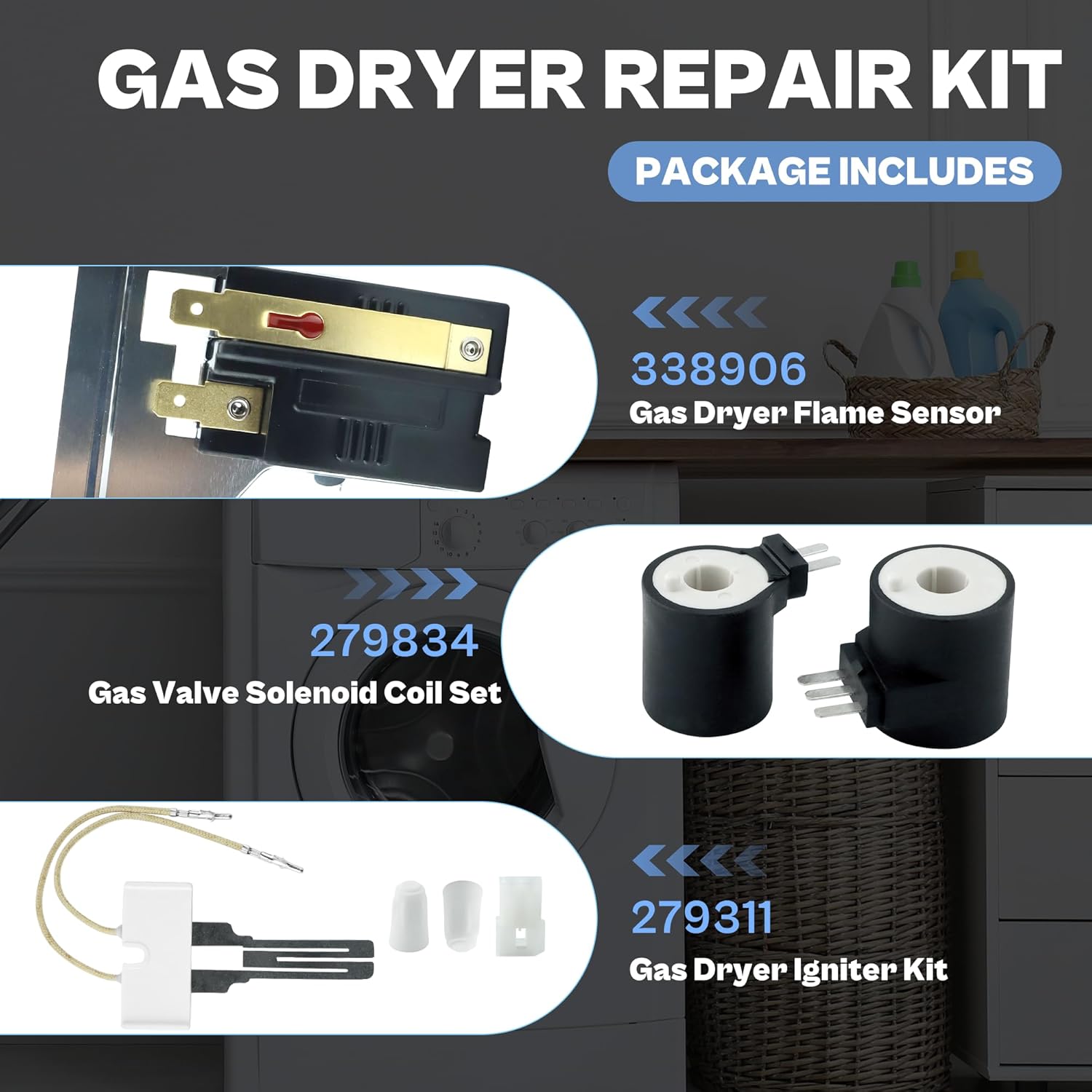 【Upgraded Durable】Gas Dryer Repair Kit - 279311 Igniter 279834 Gas Valve Coil 338906 Flame Sensor | Fix Heating Issues for Whirlpool Kenmore Maytag Gas Dryers