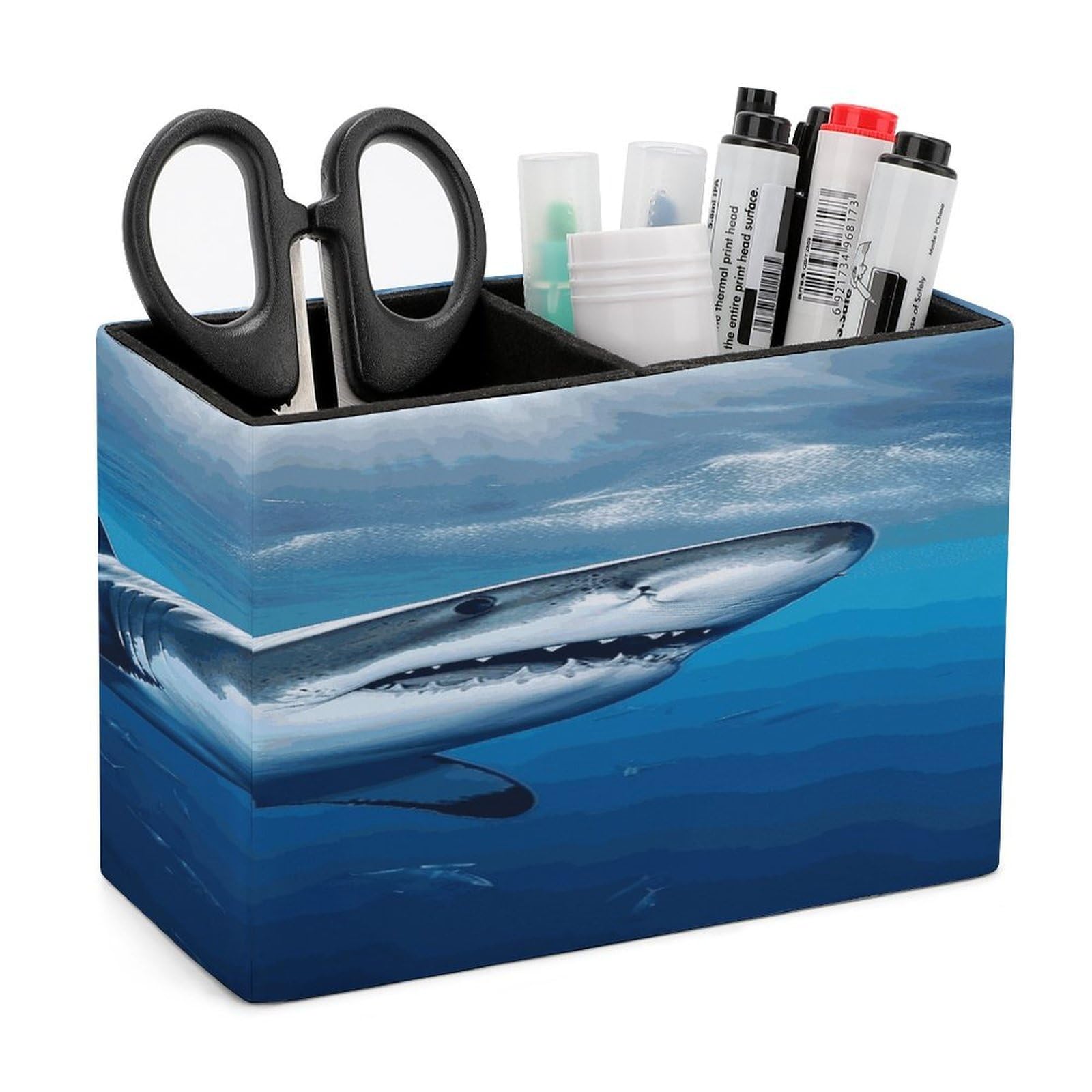 FekiLoot Ocean Sea Animal Shark Leather Pen Holder for Desk Double Compartments Brush Minimalist PU Leather Pencil Holder Locker Organizer for Work Locker Accessories Pencil Cup for Desk