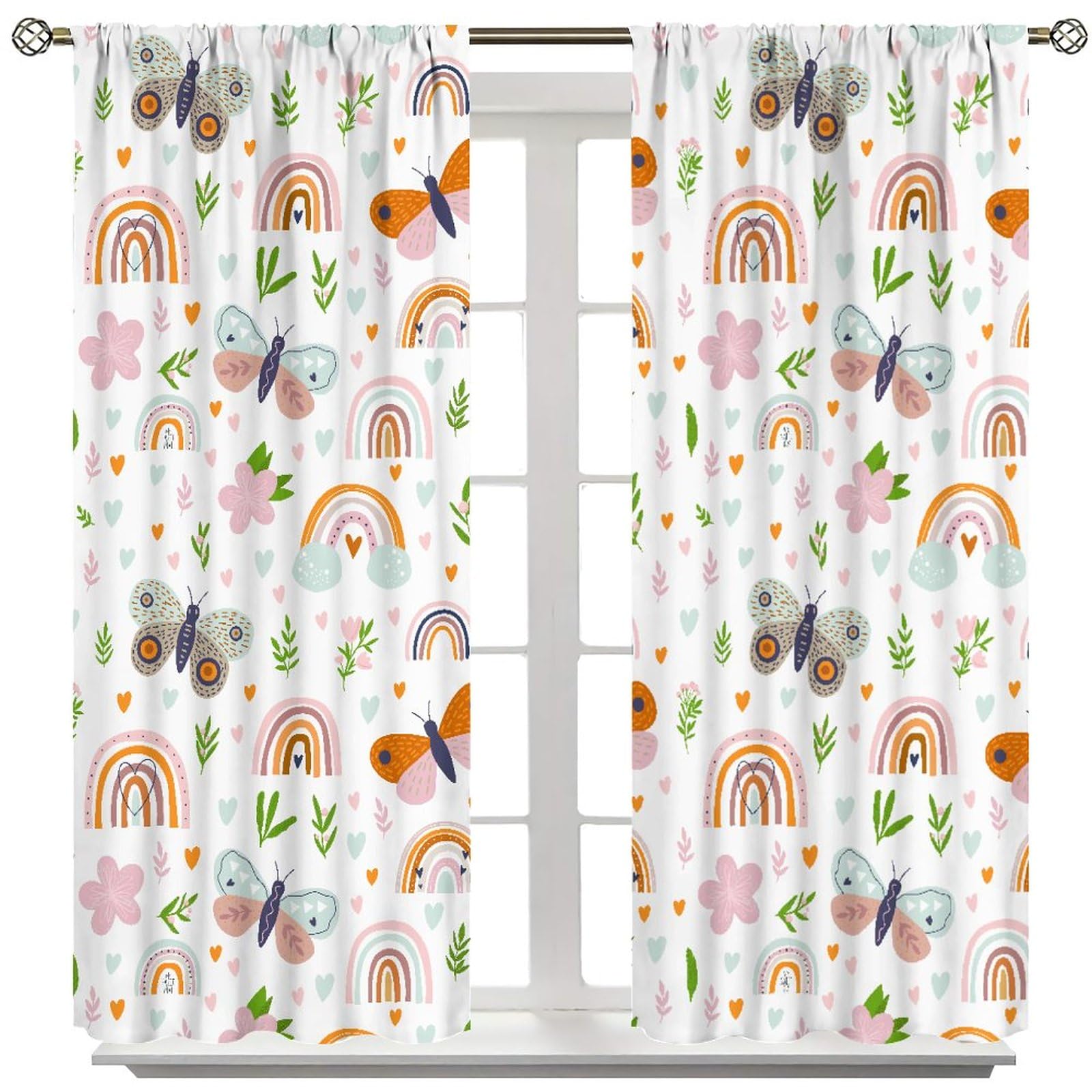 Yoakiet Kids Boho Rainbow Blackout Curtains,Childish Cute Rainbow Butterfly Flower Print Rod Pocket Window Treatments Drapes for Living Room Playroom Nursery63x63in