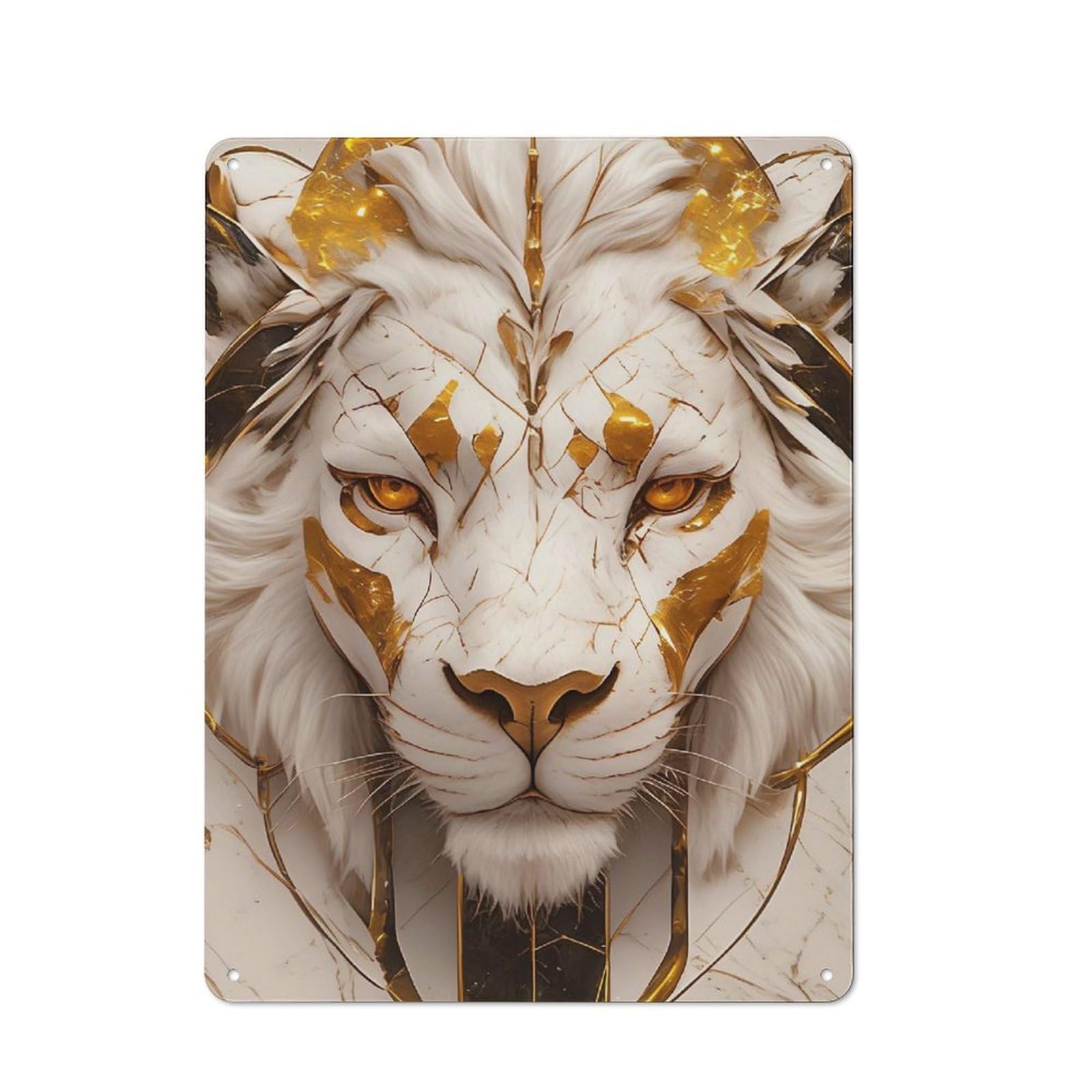 White And Gold Lion Portrait Tin Wall Plaque 40x30cm, Barn Style Rustic Kitchen Decor for Farmhouse Kitchen, Pantry Or Dining Area