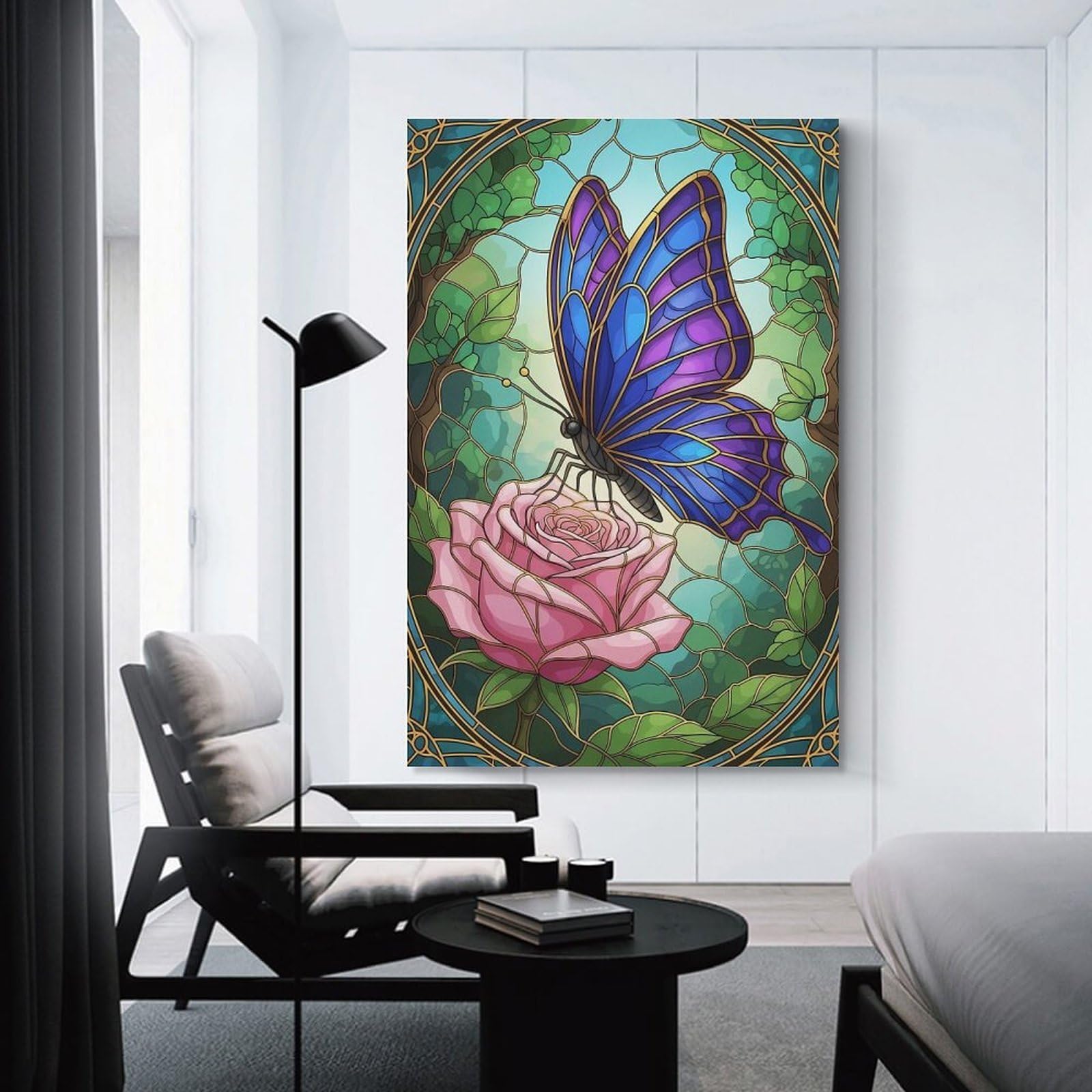 Junmoney Unframe-Style-4 Butterfly On Rose Stained Glass Art Canvas Wall Decor, 16X24inch(40X60cm), For Wall Displays, Bedrooms Or Room Updates, Wall Decor Suited To Curated Displays