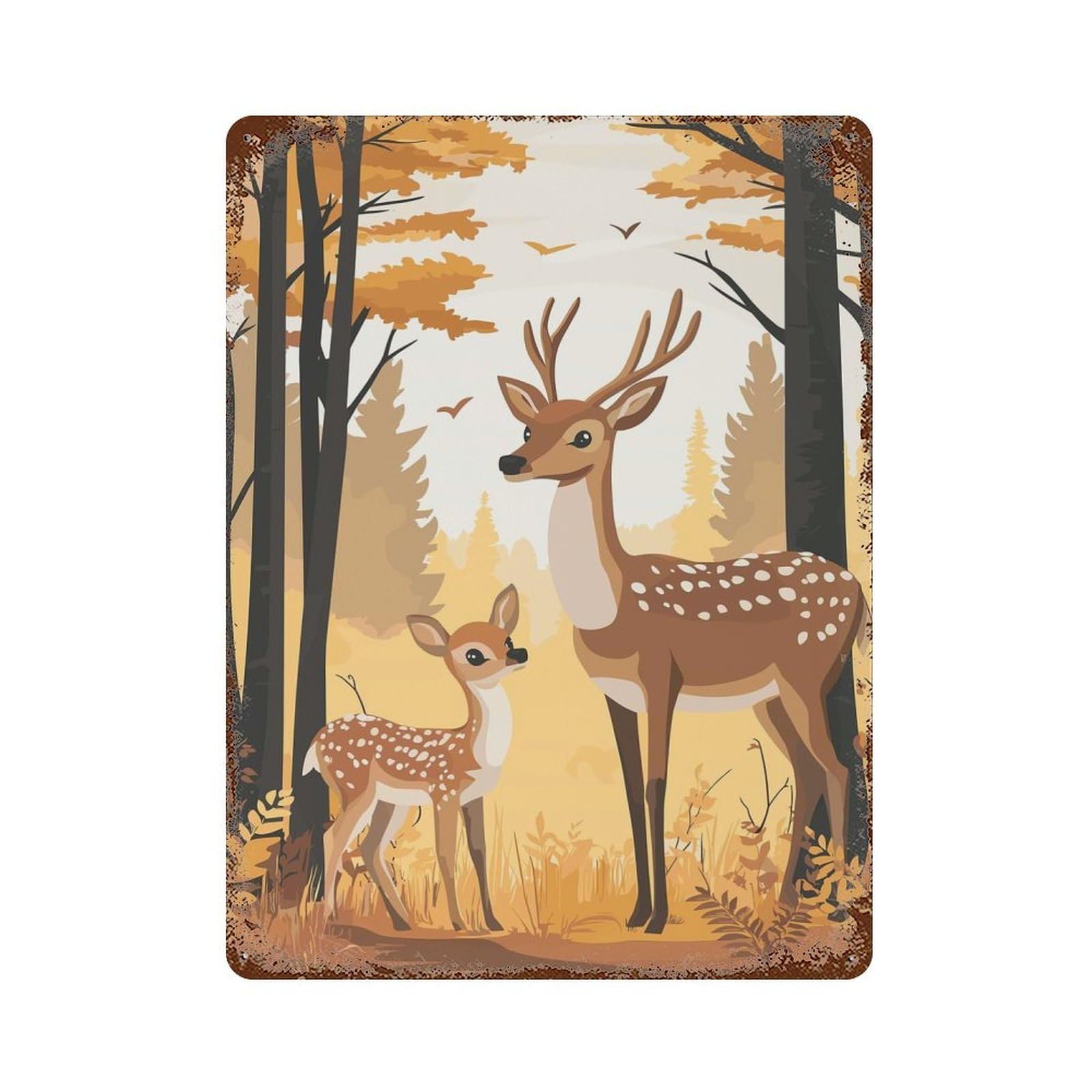 Garage Style Deer Family in Autumn Forest Rust Effect Tin Sign 15.7"x11.8", Farmhouse Wall Decor for Bar And Workshop