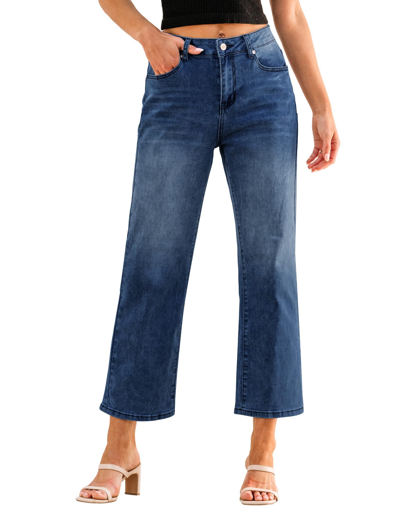 GRAPENT Jeans for Women Trendy High Waisted Loose Straight Leg Stretchy Denim Ankle Pants Cropped Jeans with Pockets