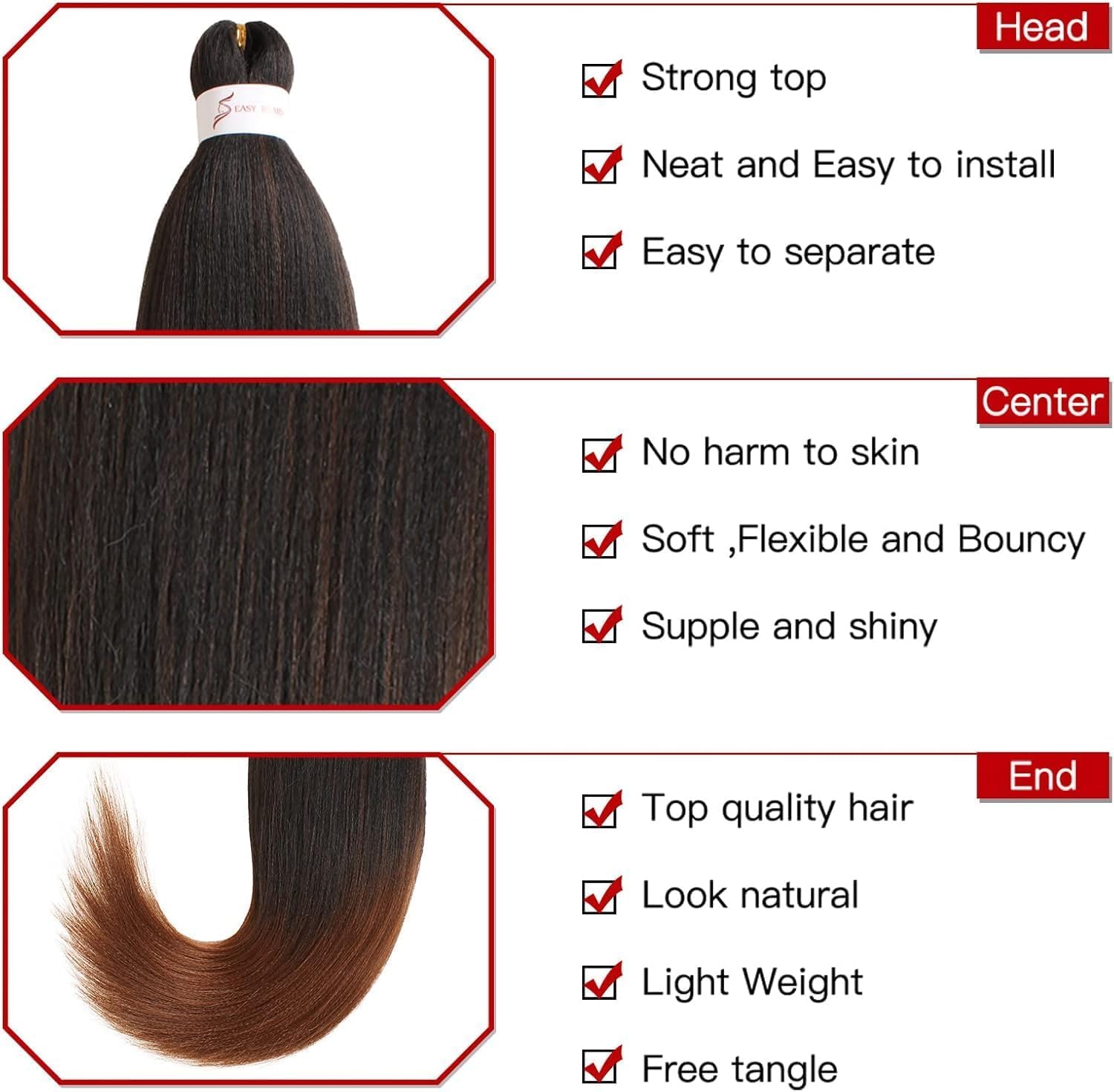 Xtrend 3 Packs 16 Inch Ombre Brown EZ Braiding Hair Extensions Pre Stretched for Box Braids Yaki Straight Kanekalon Fiber Pre Stretched Crochet Braiding Hair Extension T30# - Image 2