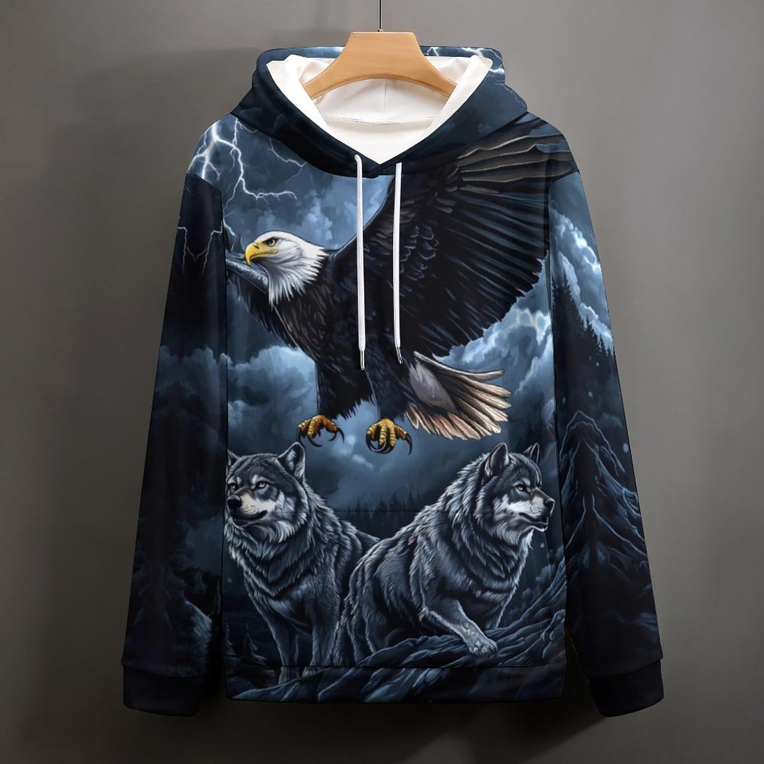 Men's 3d Print Wolf And Bald Eagle Graphic Hoodie Animal Themed Sweatshirt - Image 3