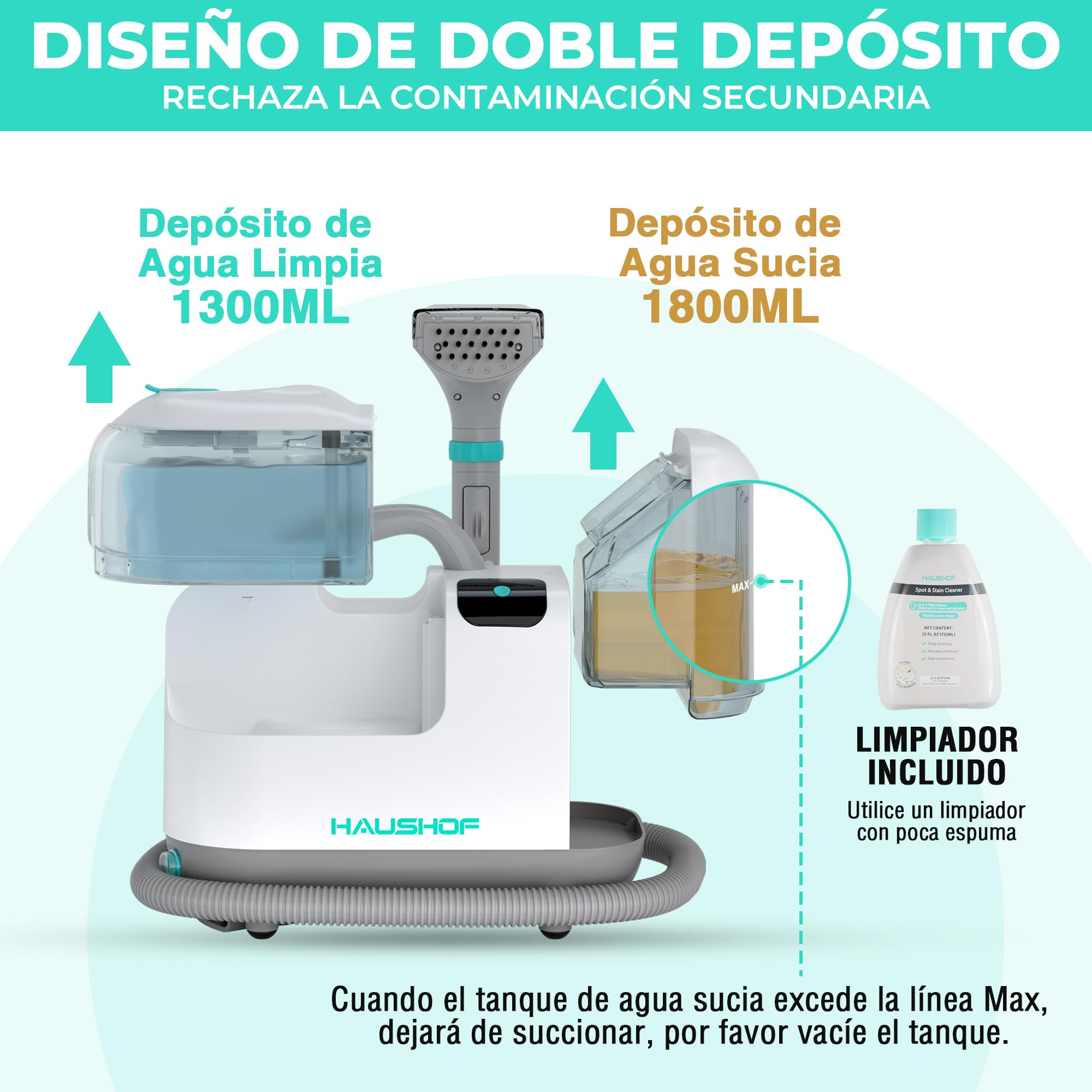 HAUSHOF StainZapper Vapo Limpiador de Alfombras a Vapor, Aspiradora de Agua Tapiceria con Funciones de Agua Caliente y Vapor, Limpia Tapicerias para Sofá, Moquetas, Incluye Detergente y Cepillo, 75 dB