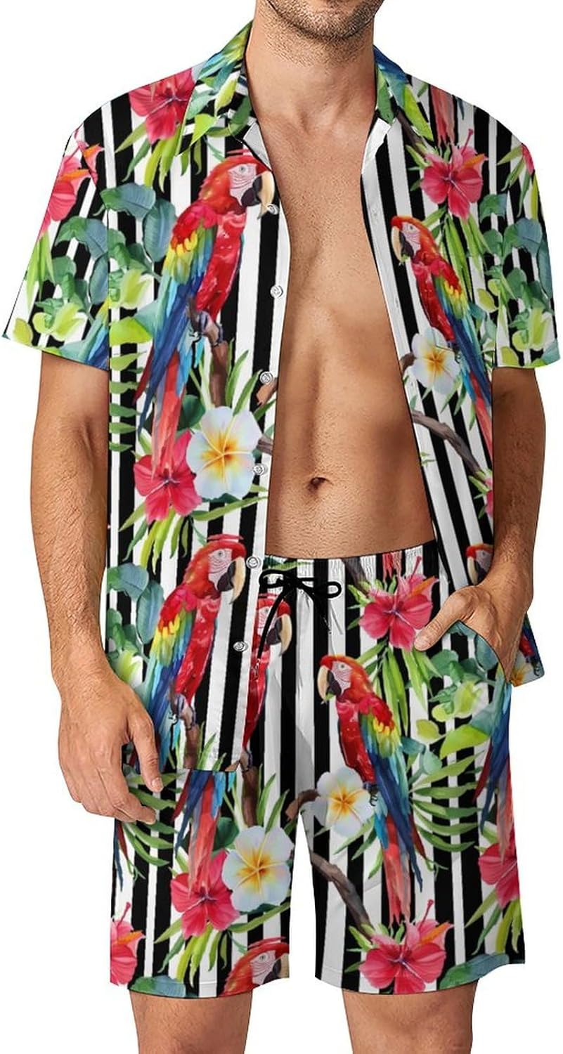 Macaw Parrot Flowers Men's Summer Beach Outfits Shirt And Shorts Set 2 Piece Vacation Swimwear