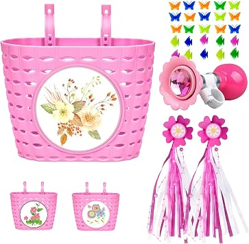 Girls Bike Basket Front Handlebar Bicycle Basket with Bike Horn,Bike Wheel Beads,Stickers,Bike Handlebar Streamers Kids Bike Decoration Accessories Kit Gift