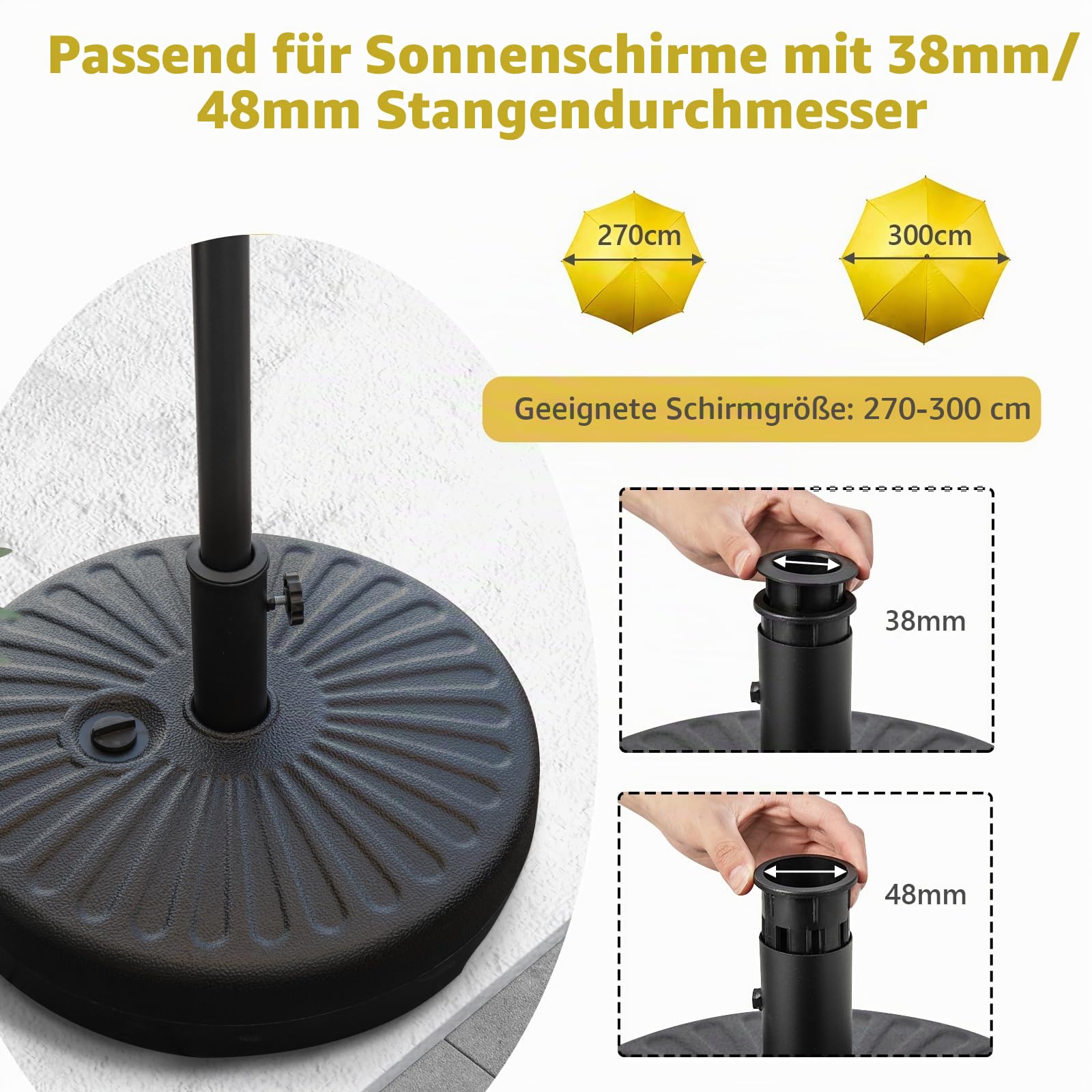 KOMFOTTEU Sonnenschirmständer befüllbar mit Wasser oder Sand, Schirmständer für Schirmstöcke von 38/48 mm, Sonnenschirmfuß mit Griff, Marktschirmständer für Garten, Terrasse, Strand (Modell 2)