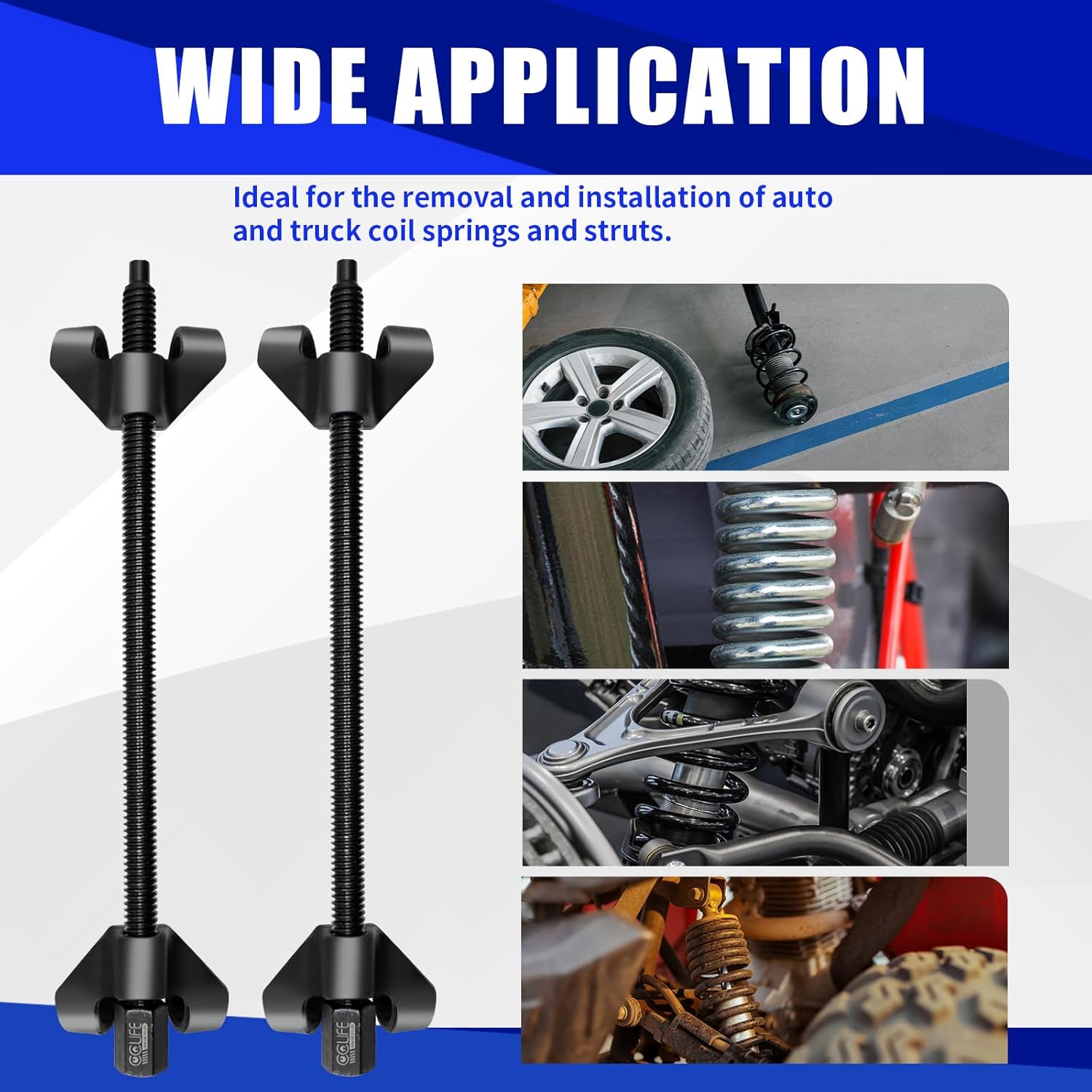 Image showing the premium material construction of the spring compressor, including forged steel and black powder-coated finish.