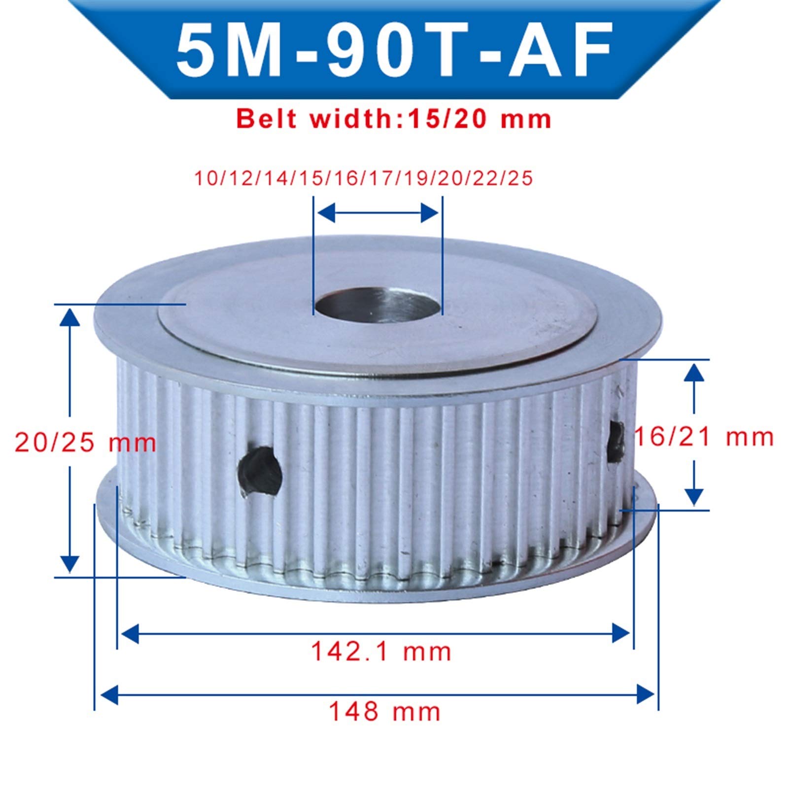 JINchao-Polea de distribución Polea de 5m-90T, orificio 10/12/14/15/16/17 / 19/20/22 / 25mm, rueda de polea de aluminio, ancho de ranura 16 / 21mm, para ancho 15 / 20mm Cinturón de distribución de 5 m
