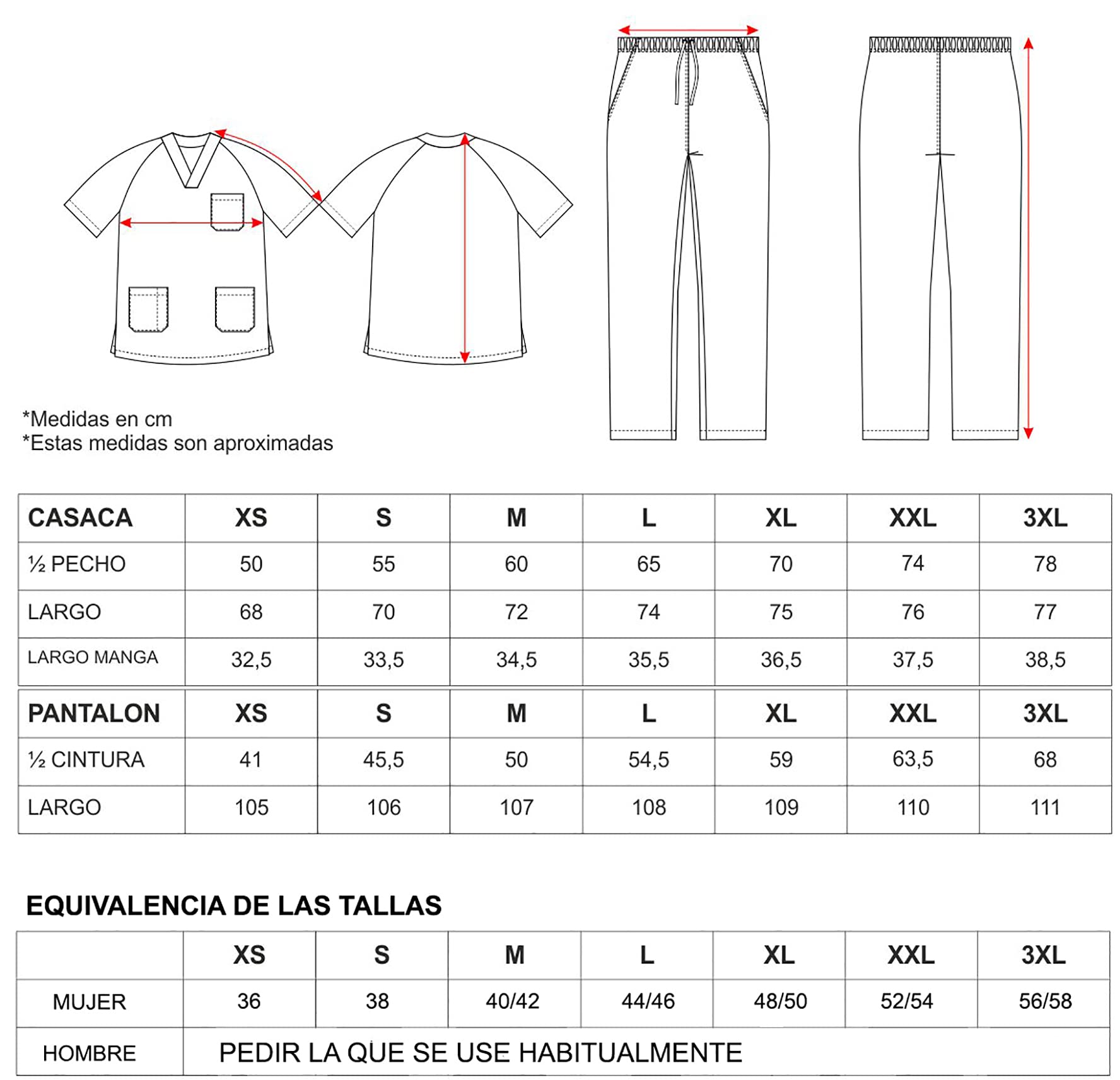 WORKTEAM Conjunto Sanitario Casaca y Pantalón Multibolsillos Cuello Pico Cintura Ajustable