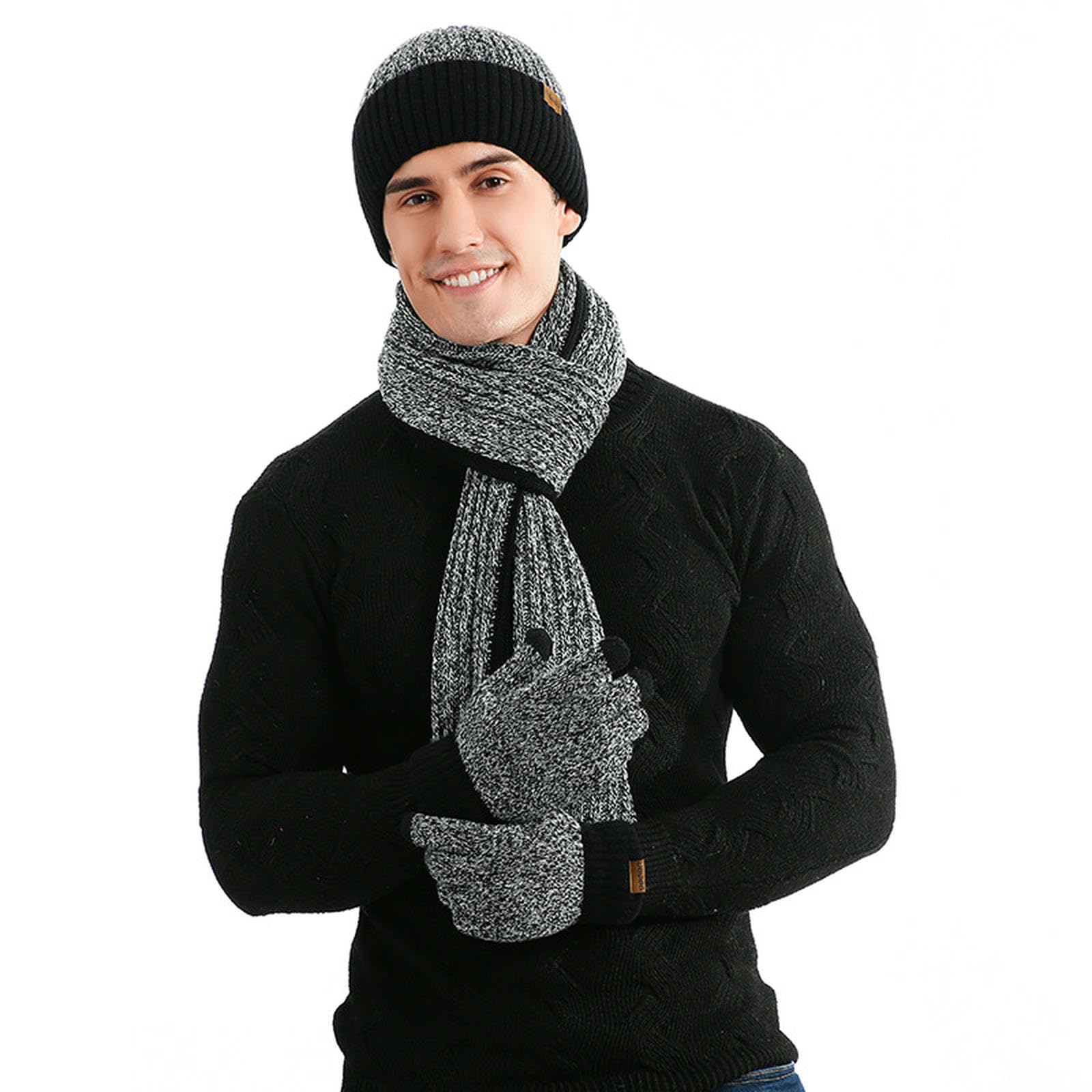 Wintermütze Schal Handschuhe Set Aus Modischer, Farbblockierter Strickmütze, Dickem Und Handschuhen Für Den Herbst Winter-schwarz