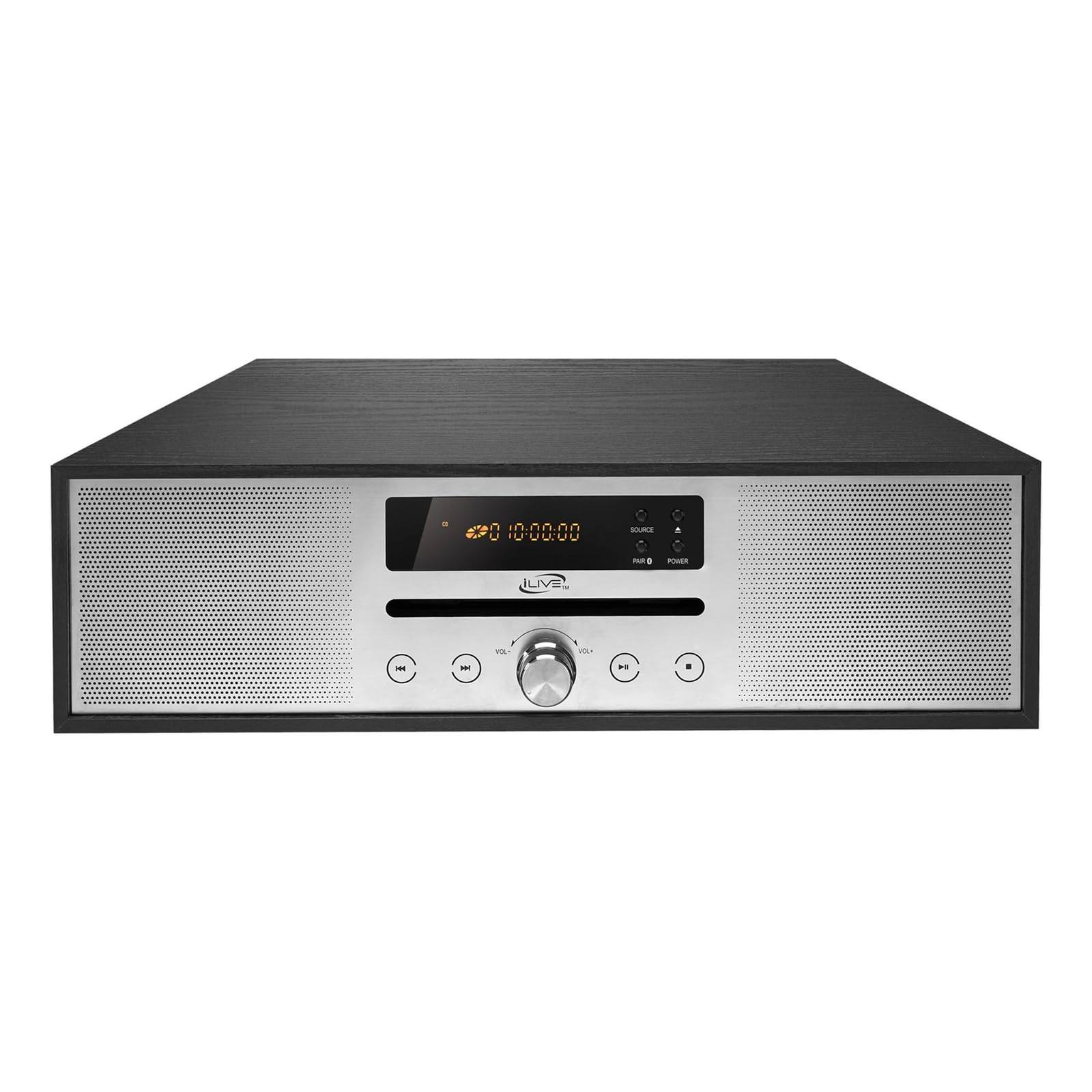 Front view of the iLive IHB340B Bluetooth Home Music System with a central display, control buttons, and a volume knob.