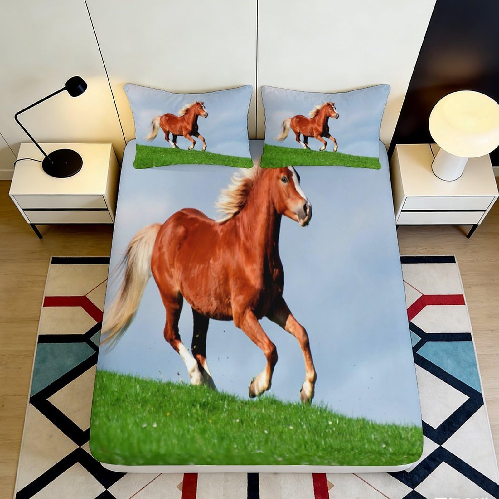 3D Printed Horse Fitted Sheet Microfiber Deep Pocket Elastic Hem Bedroom Bedding Horse Mattress Fitted Cover Washable 140x200x25cm