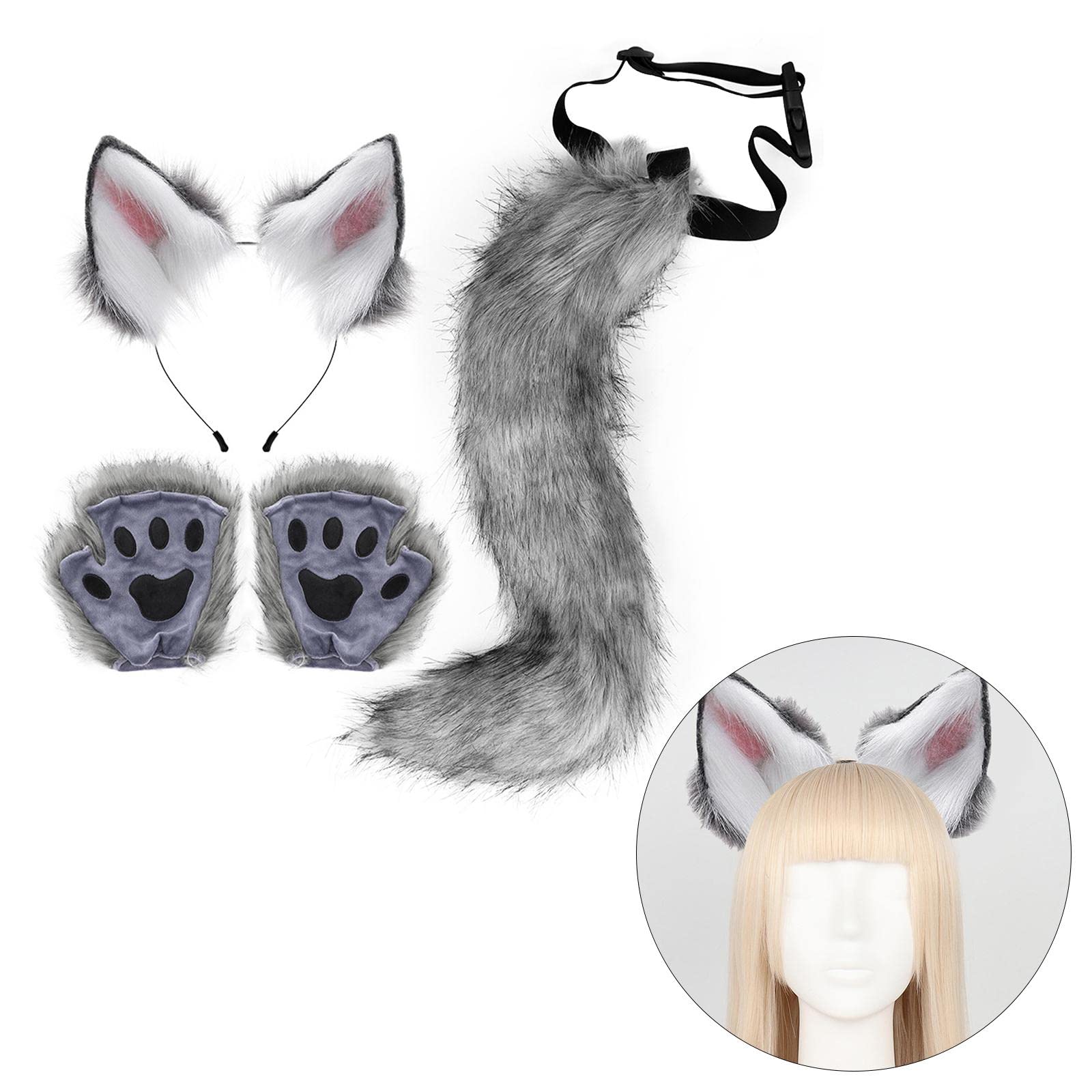 Cosplay Kostüm Set Plüschohr Haarreif Schwanz Spielzubehör mit Mitten Verkleidung für Damen Und Kinder für Kostümfest Bühnenaufführung Rollenspiel Fei, dunkelgrau