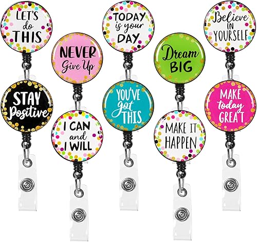 Whaline 10 carretes retráctiles motivacionales con clips de cocodrilo, coloridos carretes de identificación inspiradores para estudiantes,