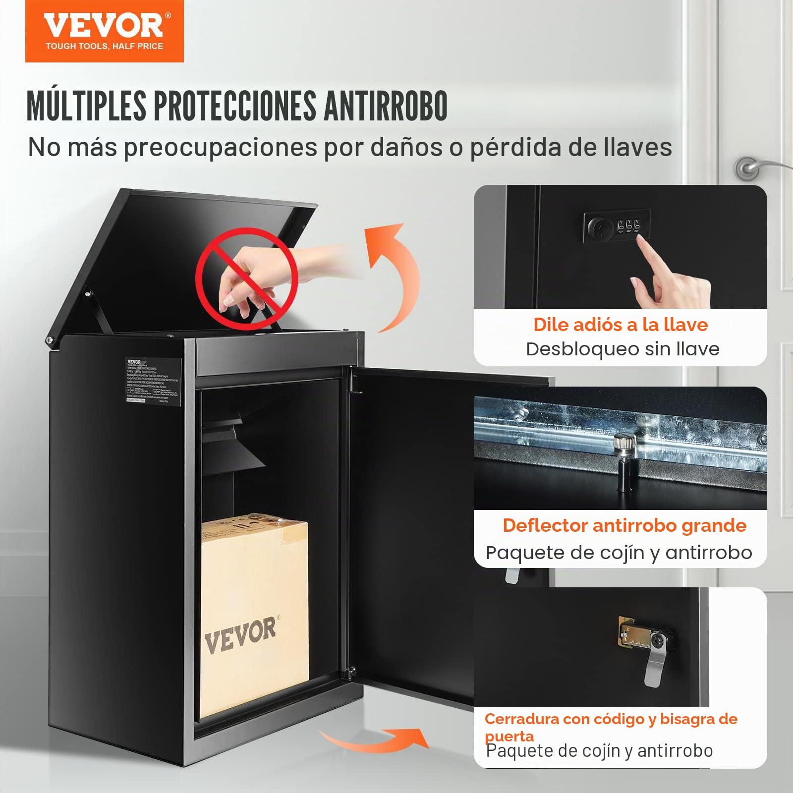 VEVOR Buzón de Paquetes 39x27x52,2 cm Buzón de Acero Galvanizado Código Cerradura Montaje en Pared Independiente Deflector Antirrobo Extraíble Depósito de Paquetes Impermeable IPX3 para Hogar Porche