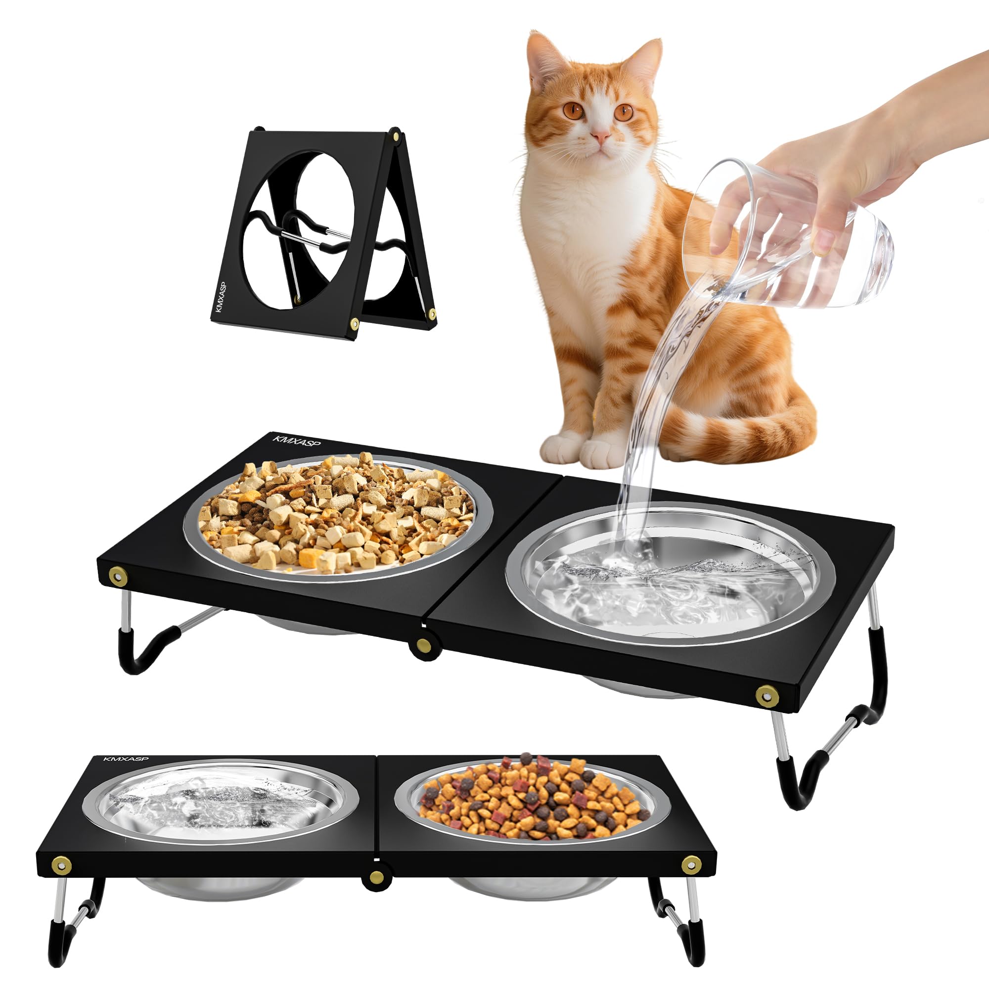 Ciotole rialzate per gatti, pieghevoli, rialzate, con piedini antiscivolo, 2 ciotole in acciaio inox per cibo e acqua, supporto inclinato a 10°, anti-vomito, piatti per gatti sollevati portatili per