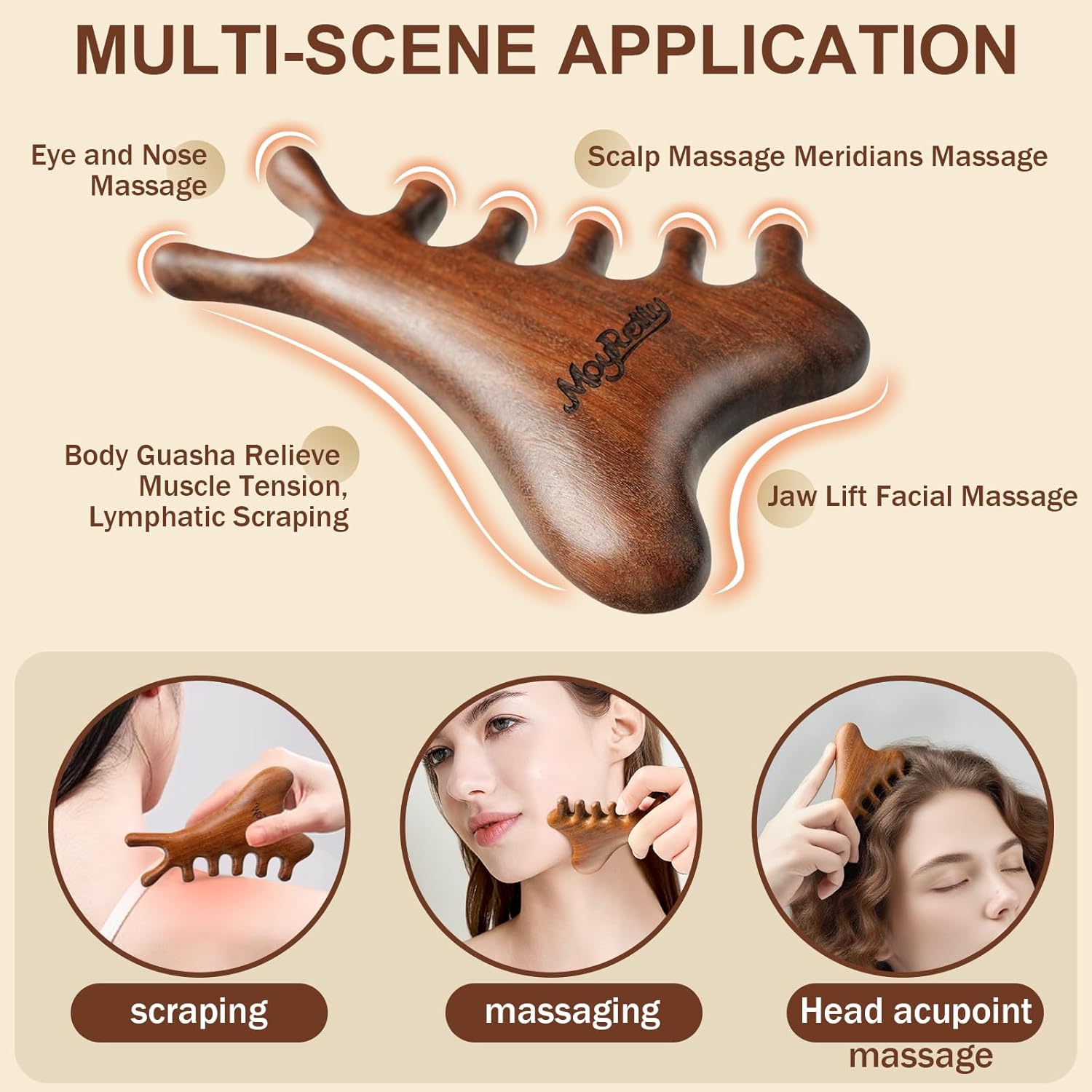 MoyRetty 4-in-1 Gua Sha Tool, Sandalwood Face & Body Massager, Lymphatic Drainage Massage Comb with Storage Pouch (Golden Sandalwood) - Image 4
