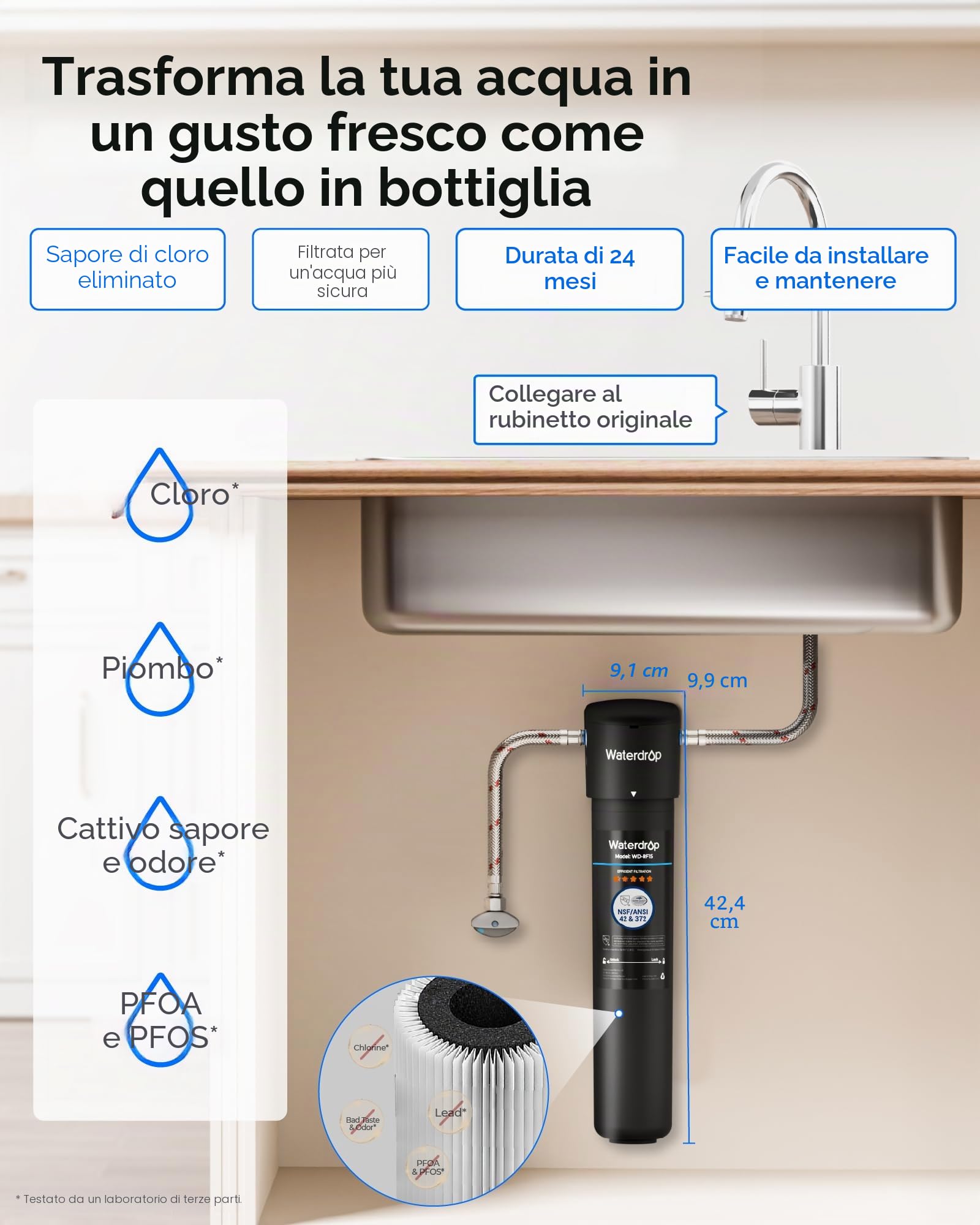 Waterdrop 15UA Filtraggio Acqua Sistema Sotto il Lavello, 60K Litri Filtraggio Acqua Sotto il Contatore, Rimuove il 99% di Piombo, Fluoro, Cloro, Cattivo, USA Tech, 0,5 Micron