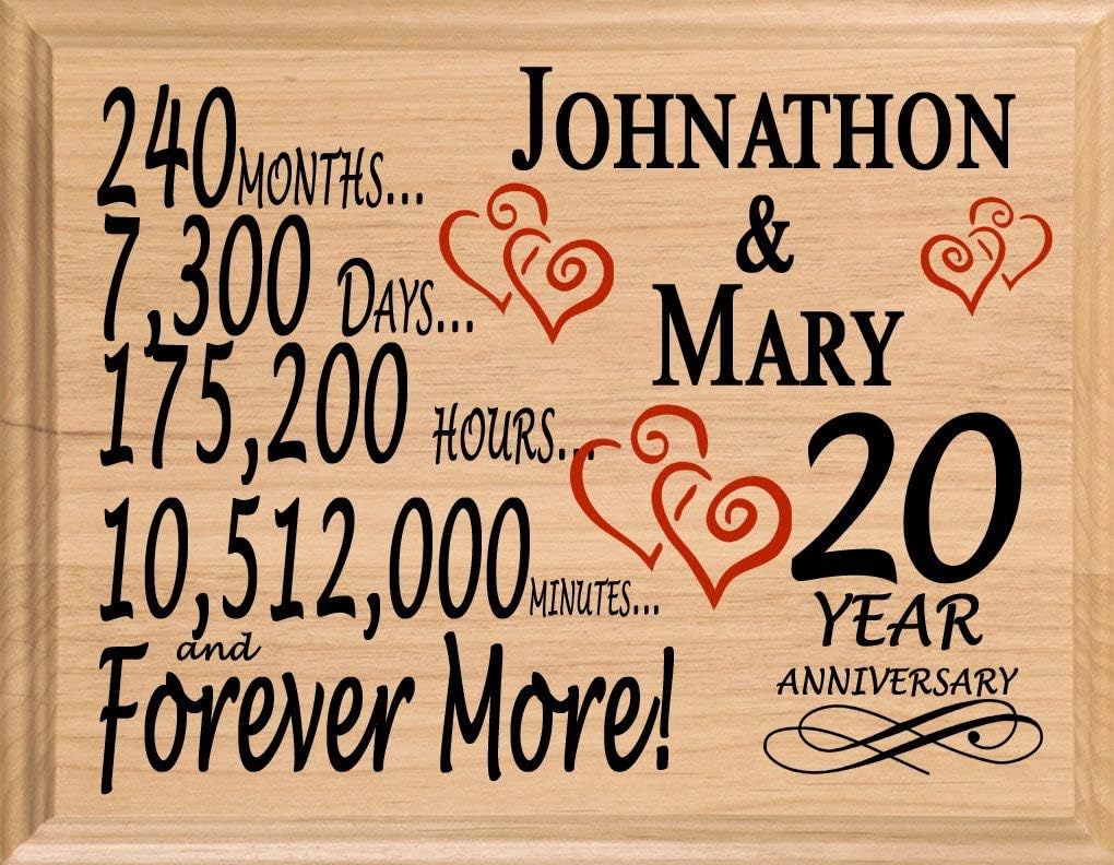 20th Anniversary Sign Gift Personalized 20 Year Wedding Anniversary Present for Wife Husband Couple - Solid Wood - Made in the USA