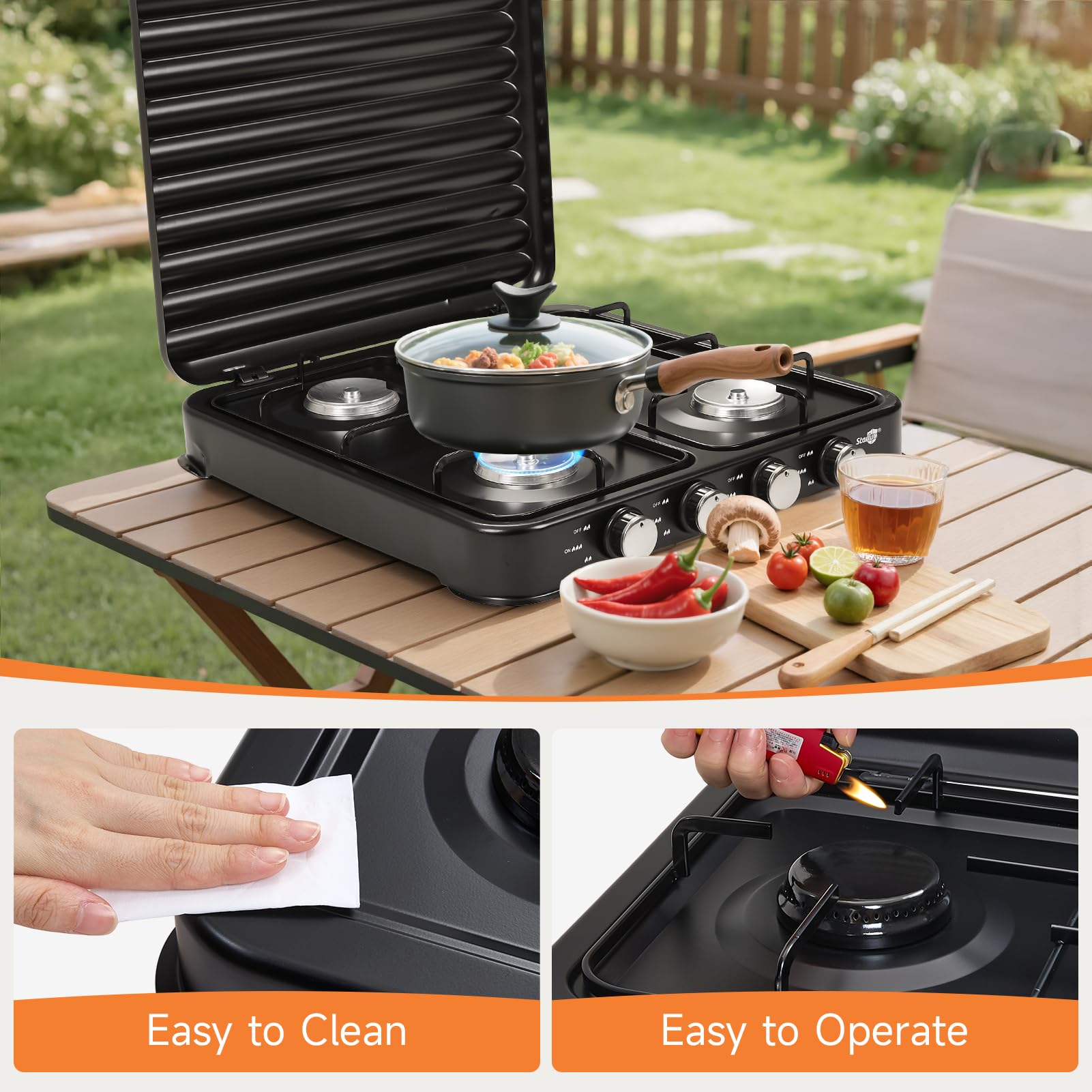 Warmiehomy Camping Gaskocher, 4 Brenner Tragbarer Gaskocher, 8800W Gasherd Kocher mit Deckel & Regler, Propan Campingkocher für Camping, Garten, Reisen, Outdoor Kochen