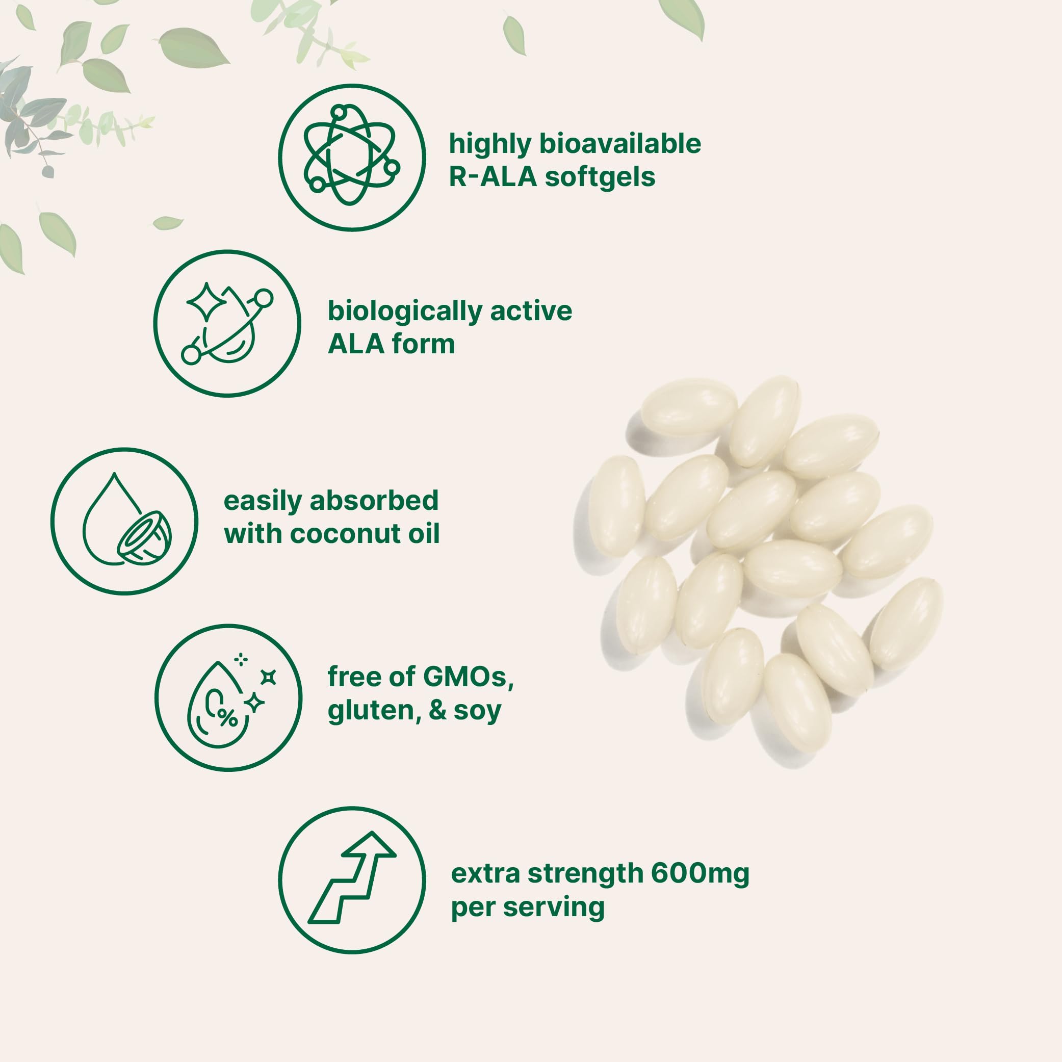 R Alpha Lipoic Acid 600mg with Coconut Oil, 120 Softgels | Highly Bioavailable Active Form | ALA Supplement for Antioxidants, Nerve, Heart, & Liver Support | Non-GMO, Gluten Free, No Soy